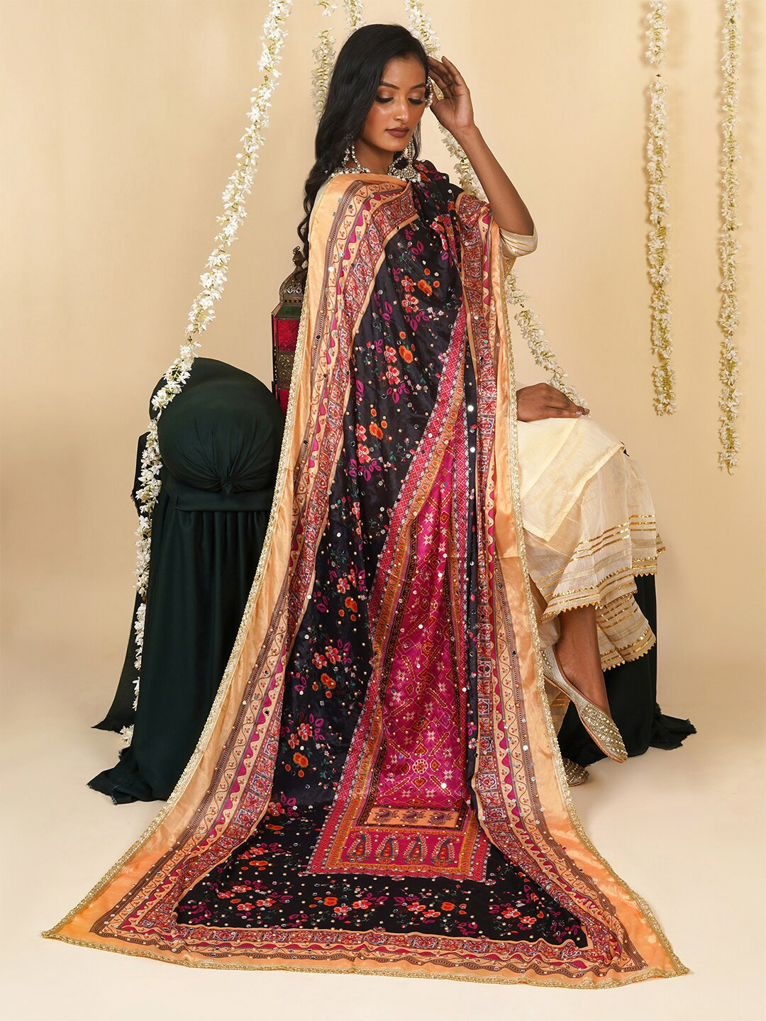 TEEJH Ethnic Motifs Printed Mirror Work Dupatta