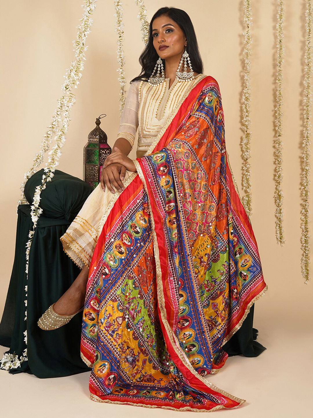 TEEJH Ethnic Motifs Printed Dupatta With Mirror Work