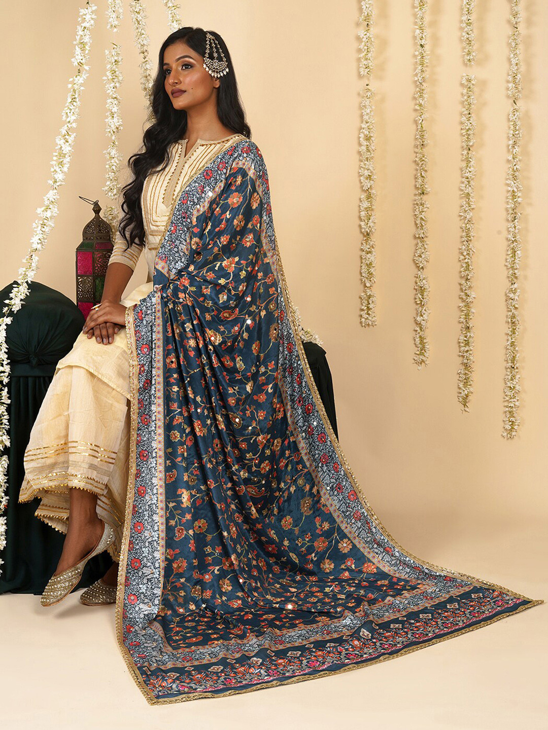 TEEJH Ethnic Motifs Printed Mirror Work Dupatta