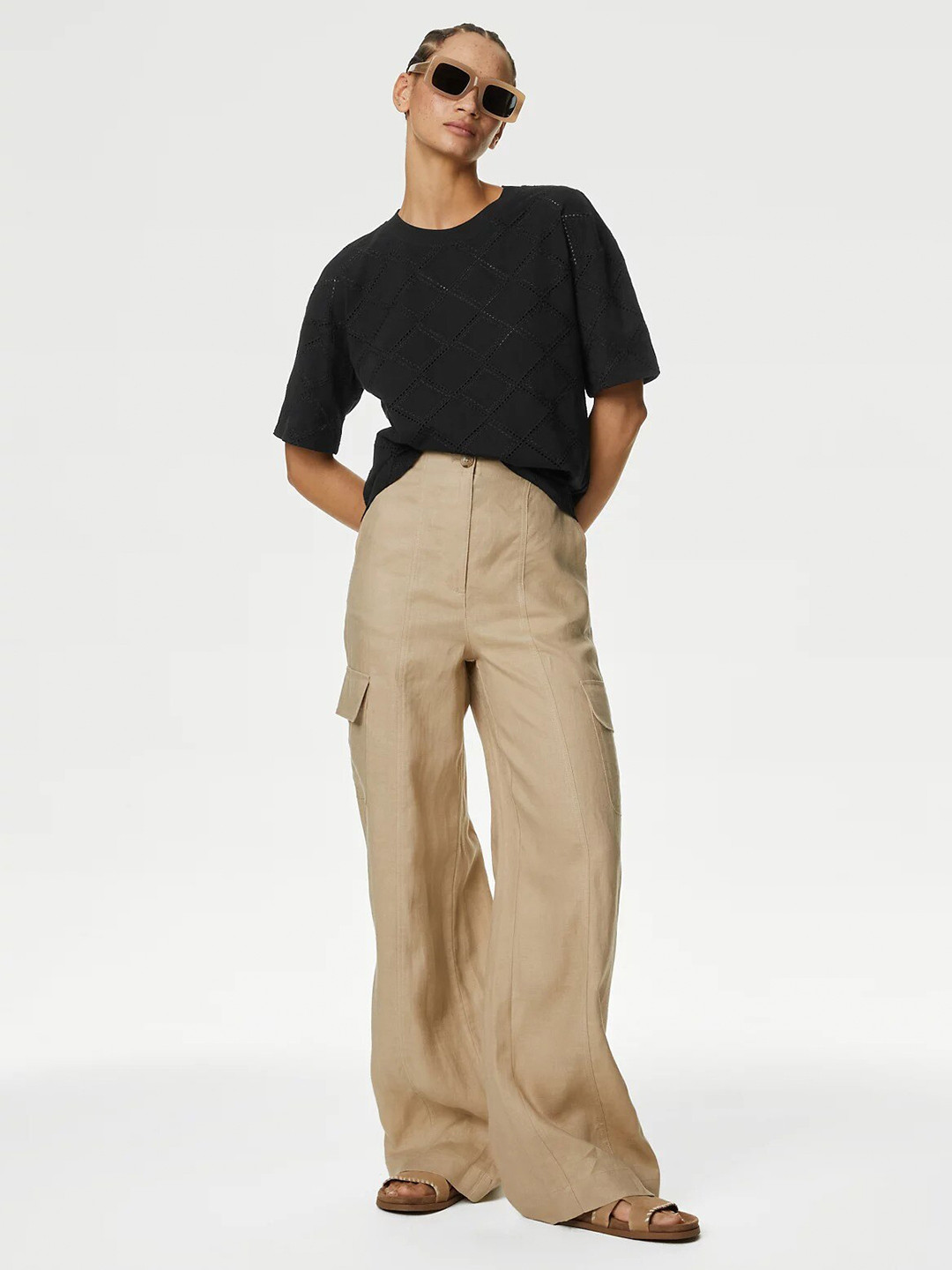 Marks & Spencer Self Design Extended Sleeves Broderie T-shirt