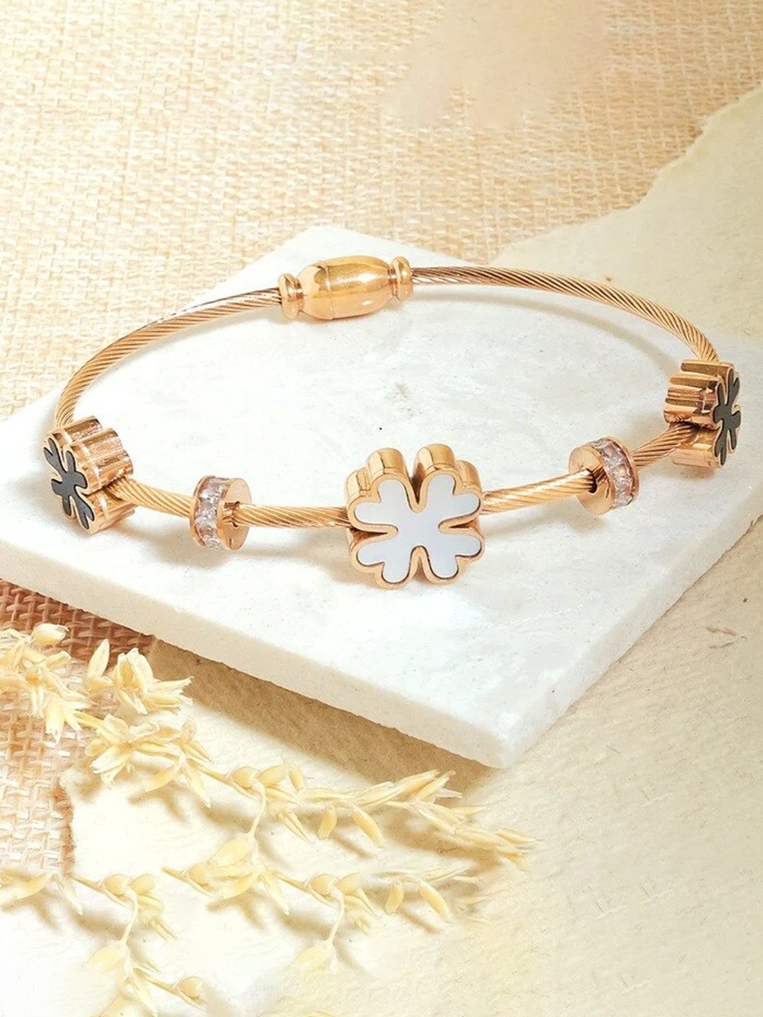 MEENAZ American Diamond Stainless Steel Rose Gold Plated Kada Bracelet