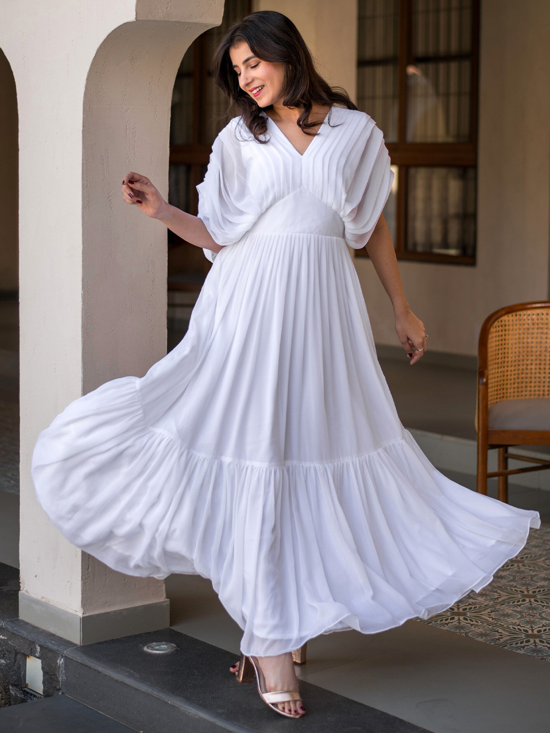 Label Shaurya Sanadhya V-Neck Short Sleeves Flared Georgette Maxi Layered Dress