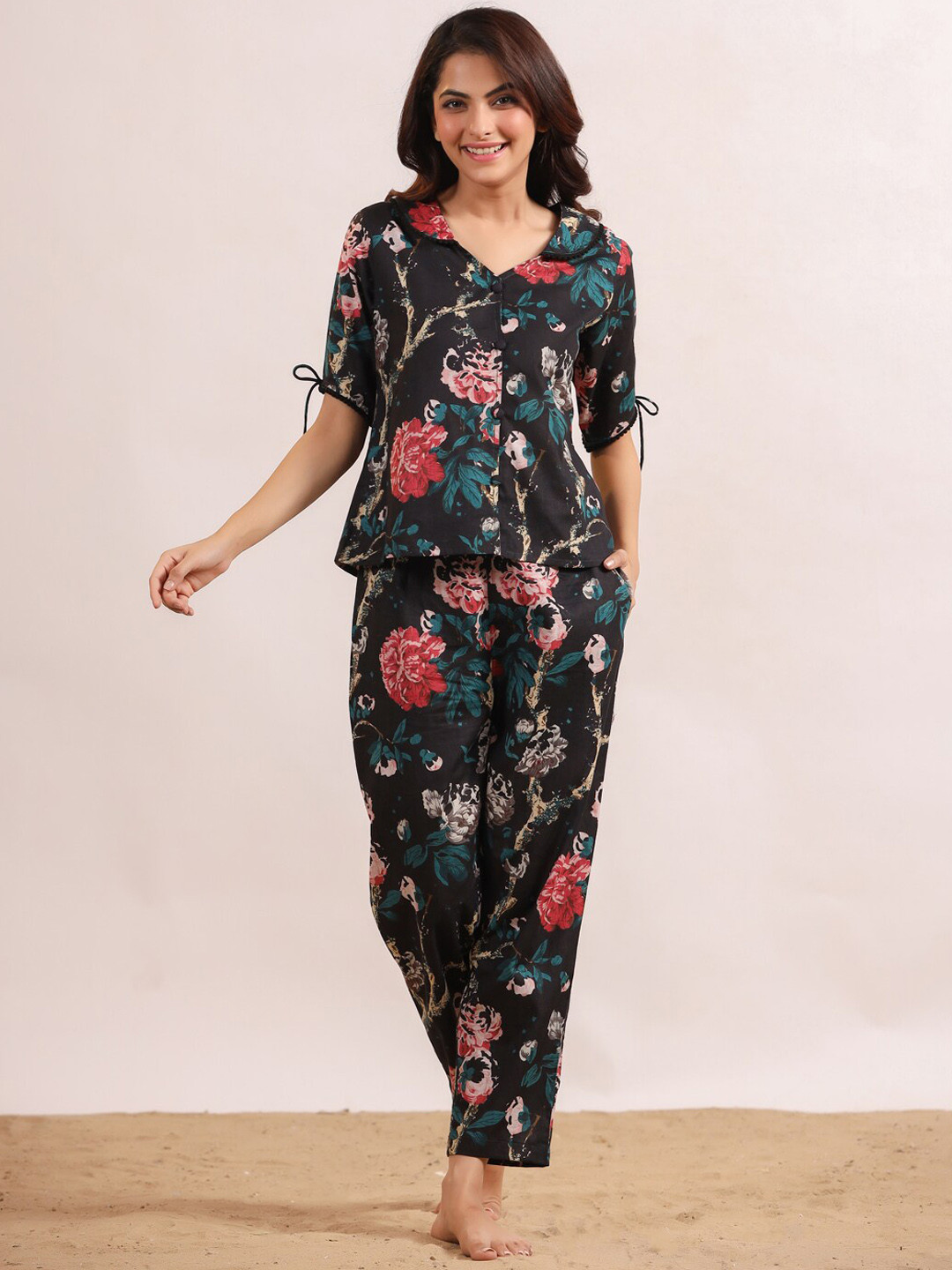 SANSKRUTIHOMES Black Printed Pure Cotton Oversized Shirt With Pyjamas