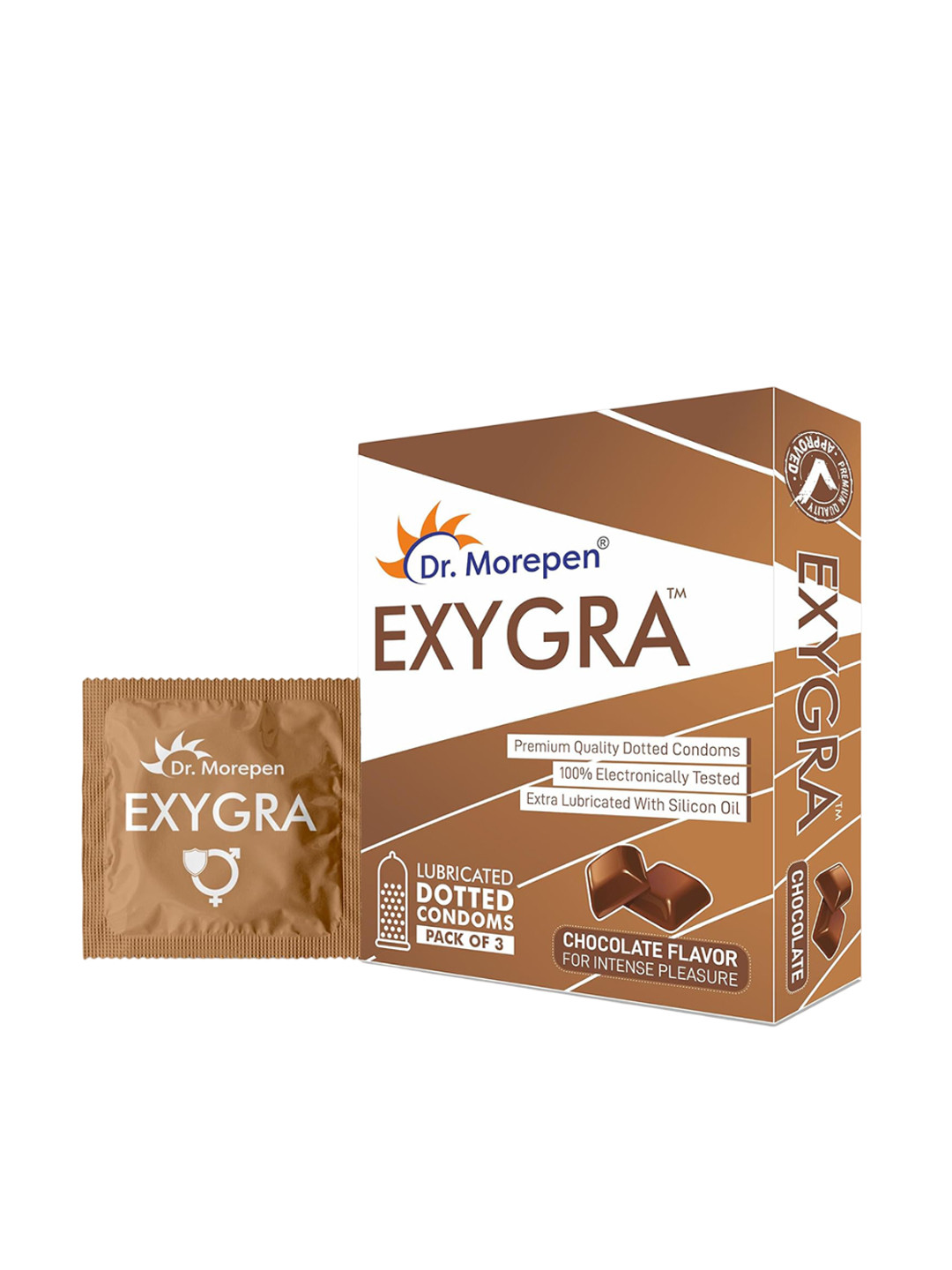 Dr. Morepen Set Of 12 Exygra Dotted Lubricated Condoms - Chocolate Flavor