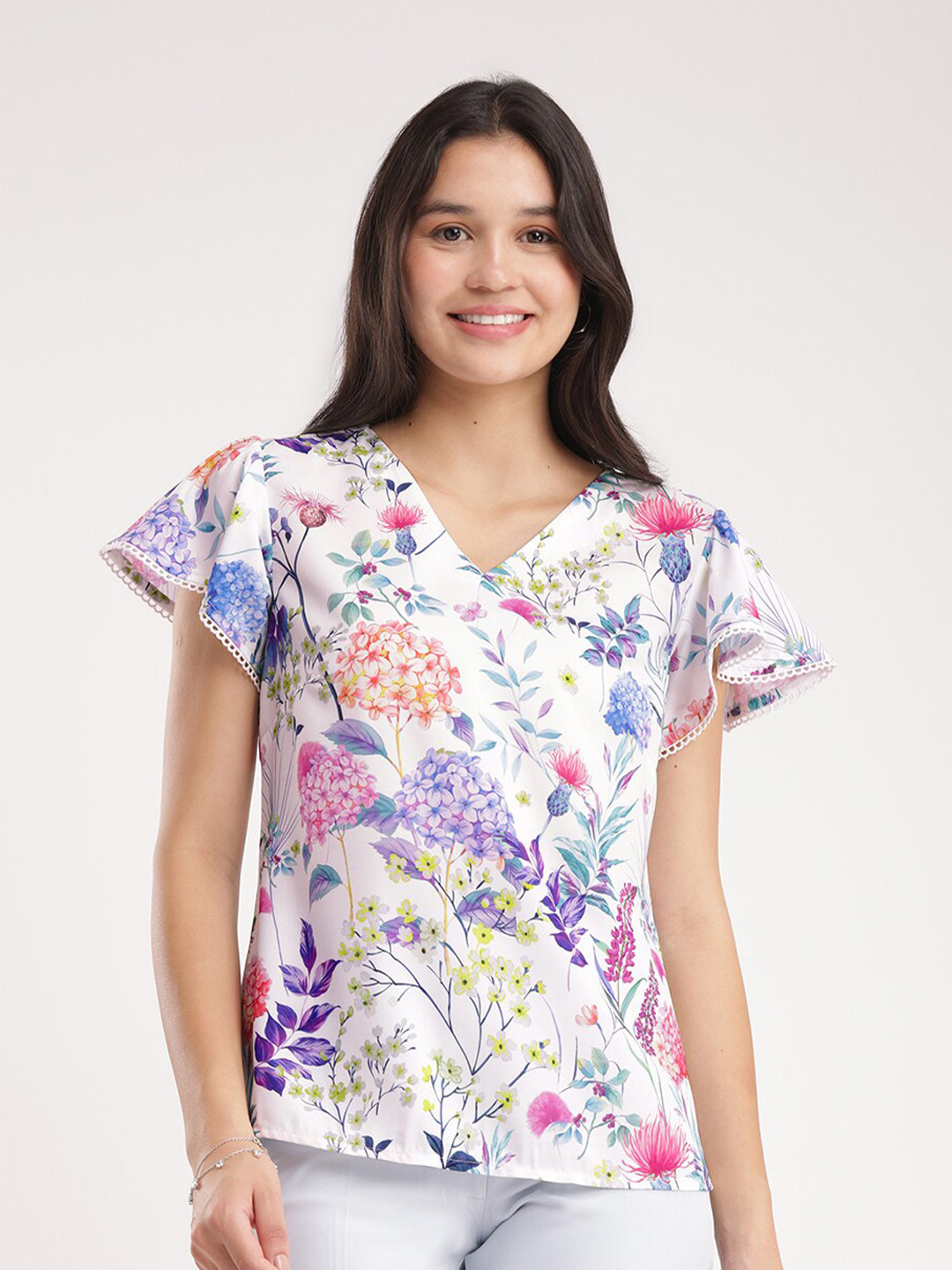 FableStreet Floral Printed Flutter Sleeves Wrap White Top