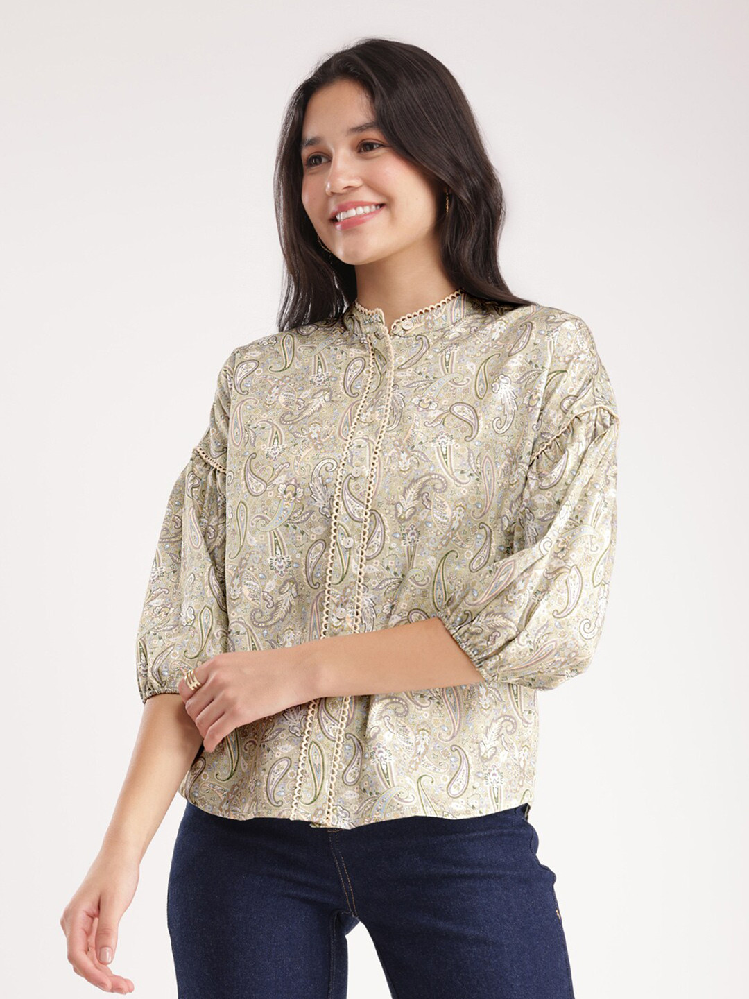 FableStreet Floral Printed Mandarin Collar Green Top