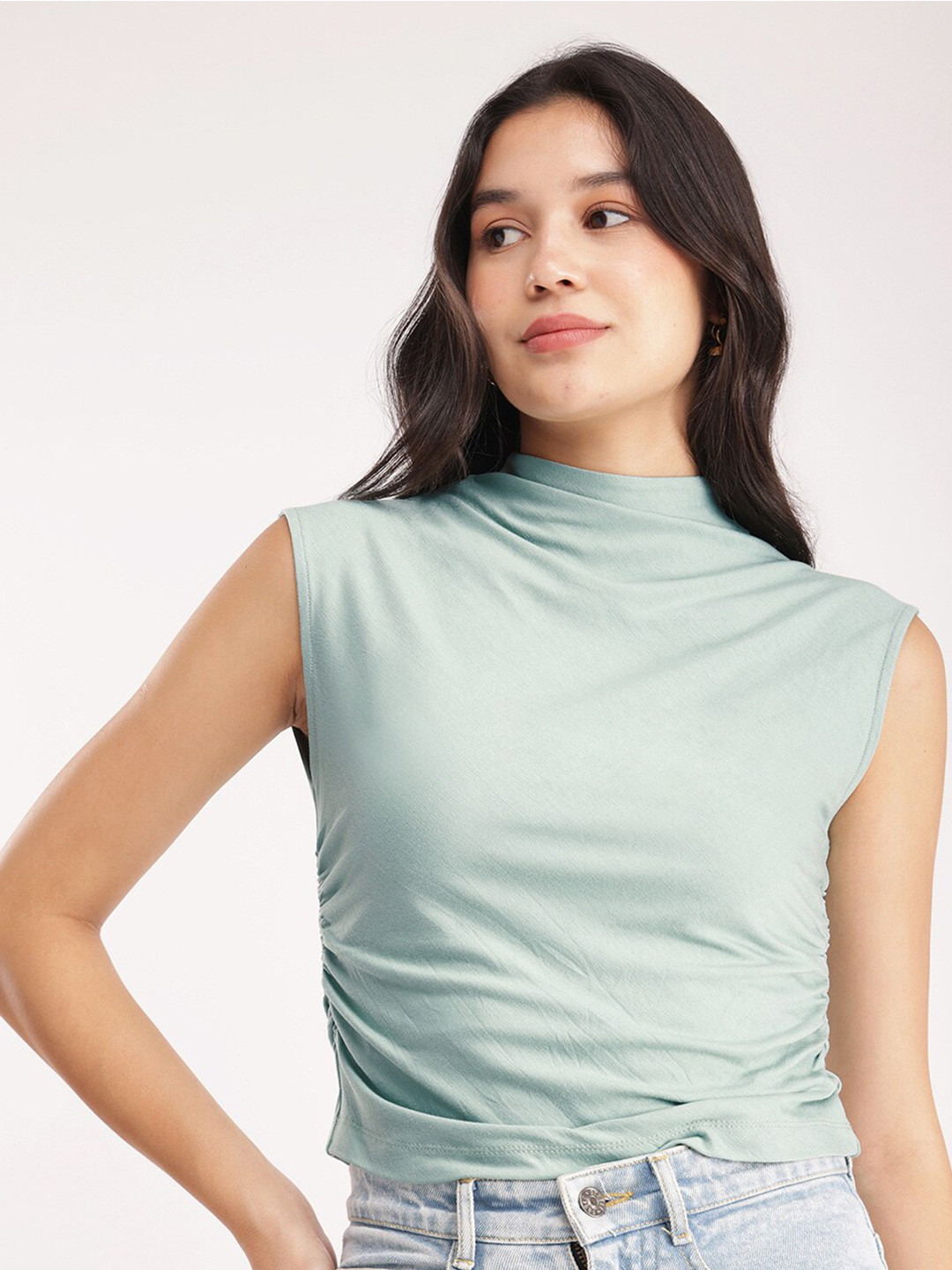 FableStreet High Neck Regular Cotton Ruched Green Top