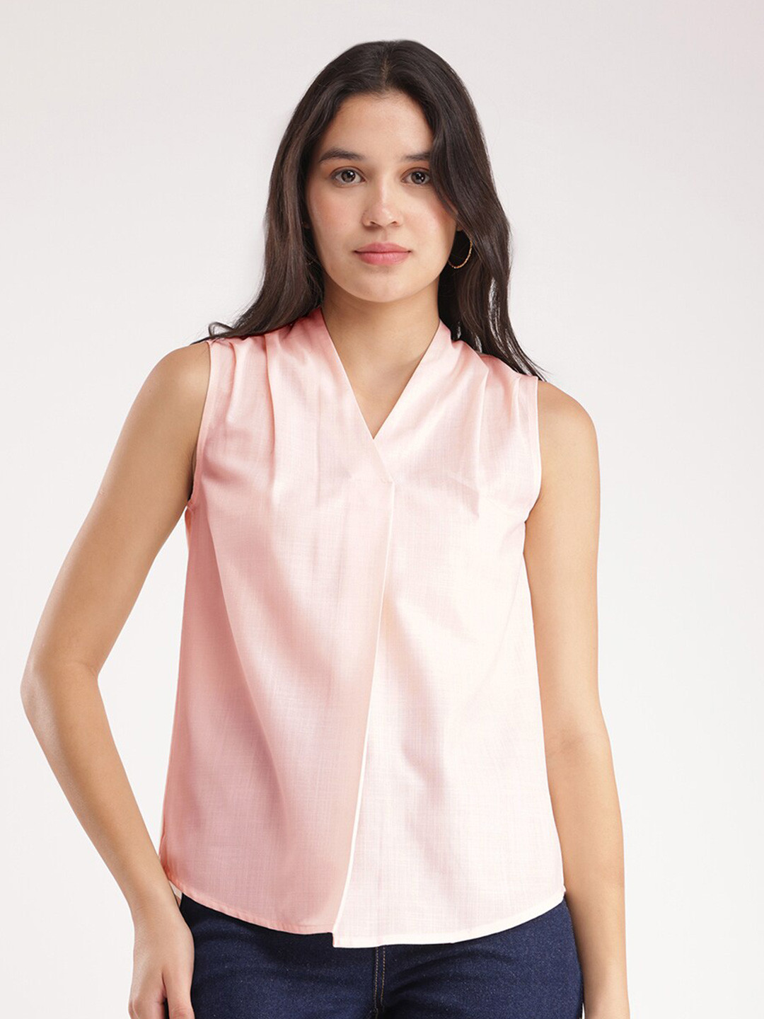 FableStreet V-Neck Pleated Regular Pink Top