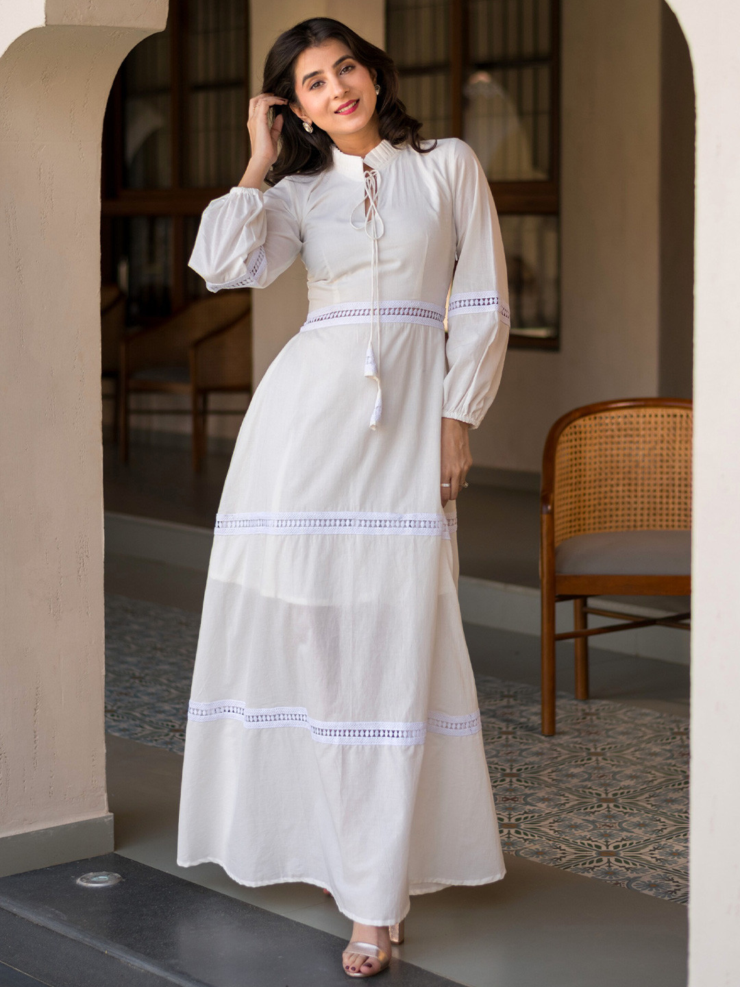 Label Shaurya Sanadhya Tie-Up Neck Bell Sleeve Layered Cotton Maxi Dress