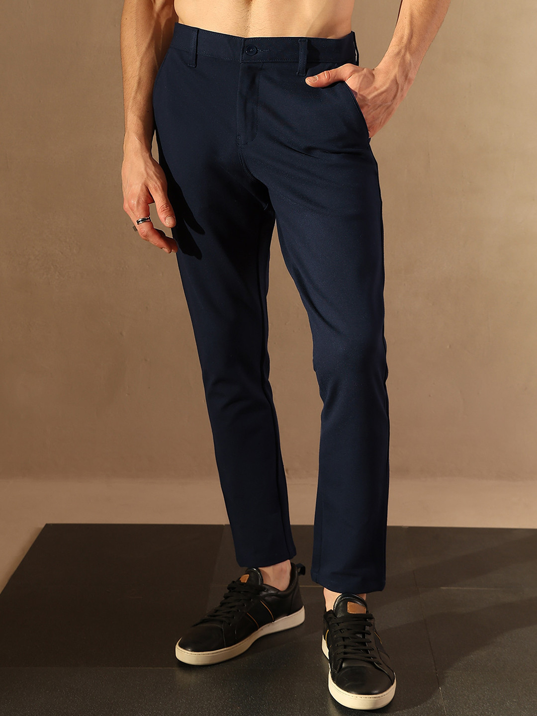 DENNISON Navy Blue 4-way lycra Tapered Fit trouser