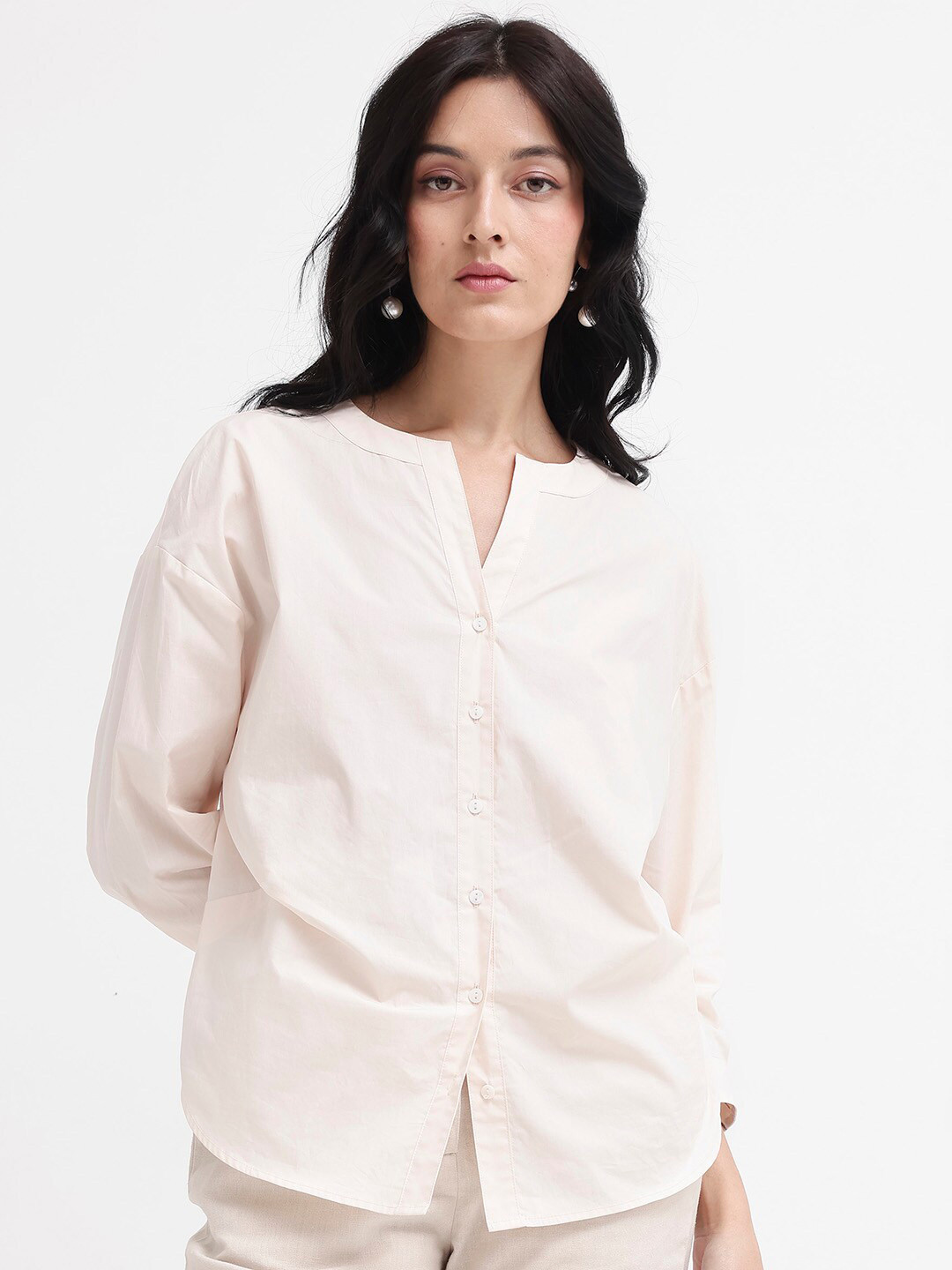 RAREISM Women Beige Regular Plain 3/4Th Sleeve Mandarin Collar Shirt