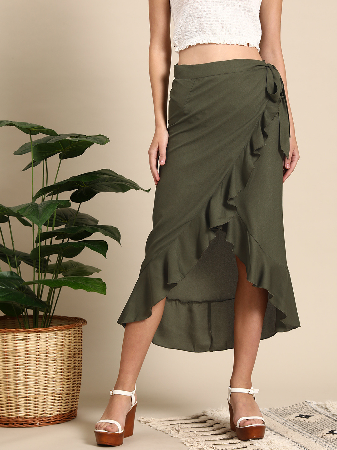 Mast & Harbour Solid Ruffles Midi Wrap Skirt