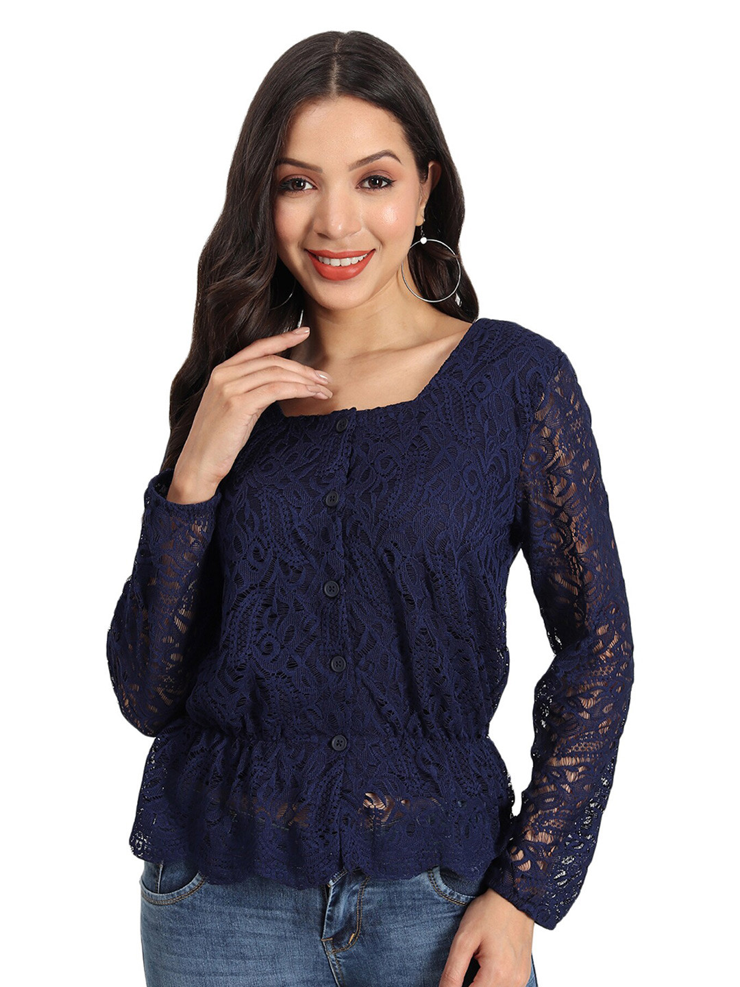 BAESD Self Design Square Neck Lace Cinched Waist Top