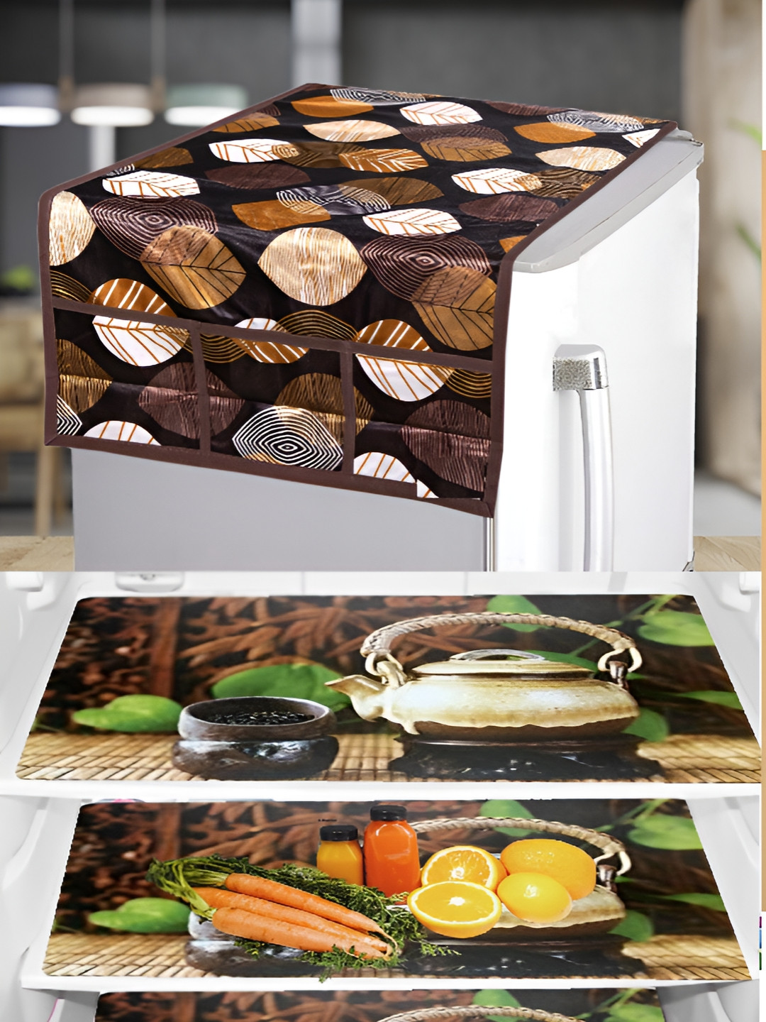 REVEXO Beige & Brown Printed Refrigerator Cover