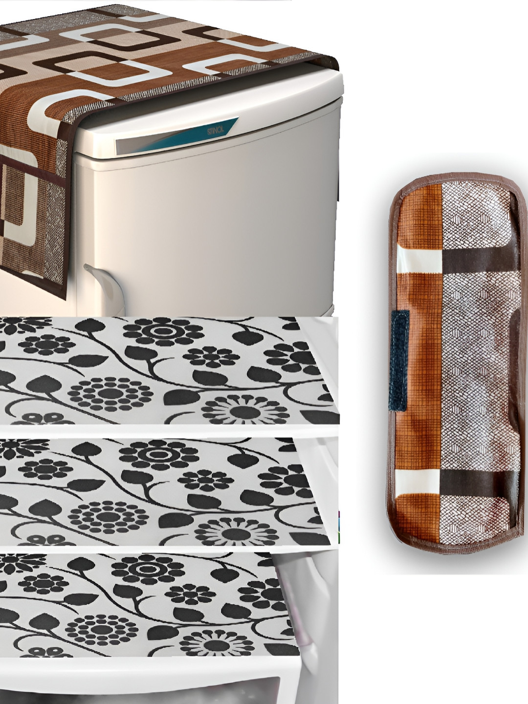 REVEXO Brown & Black 4Pcs Printed Fridge Mats & Refrigerator Covers