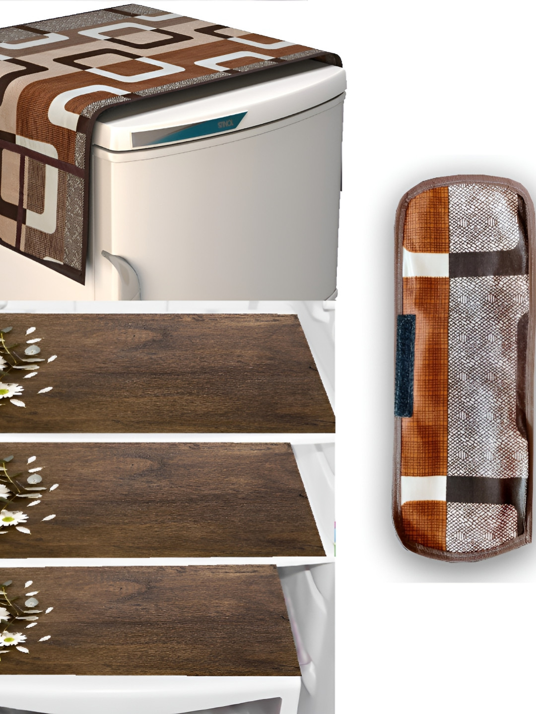 REVEXO Brown 4 Pieces Printed Refrigerator Cover & Fridge Mats