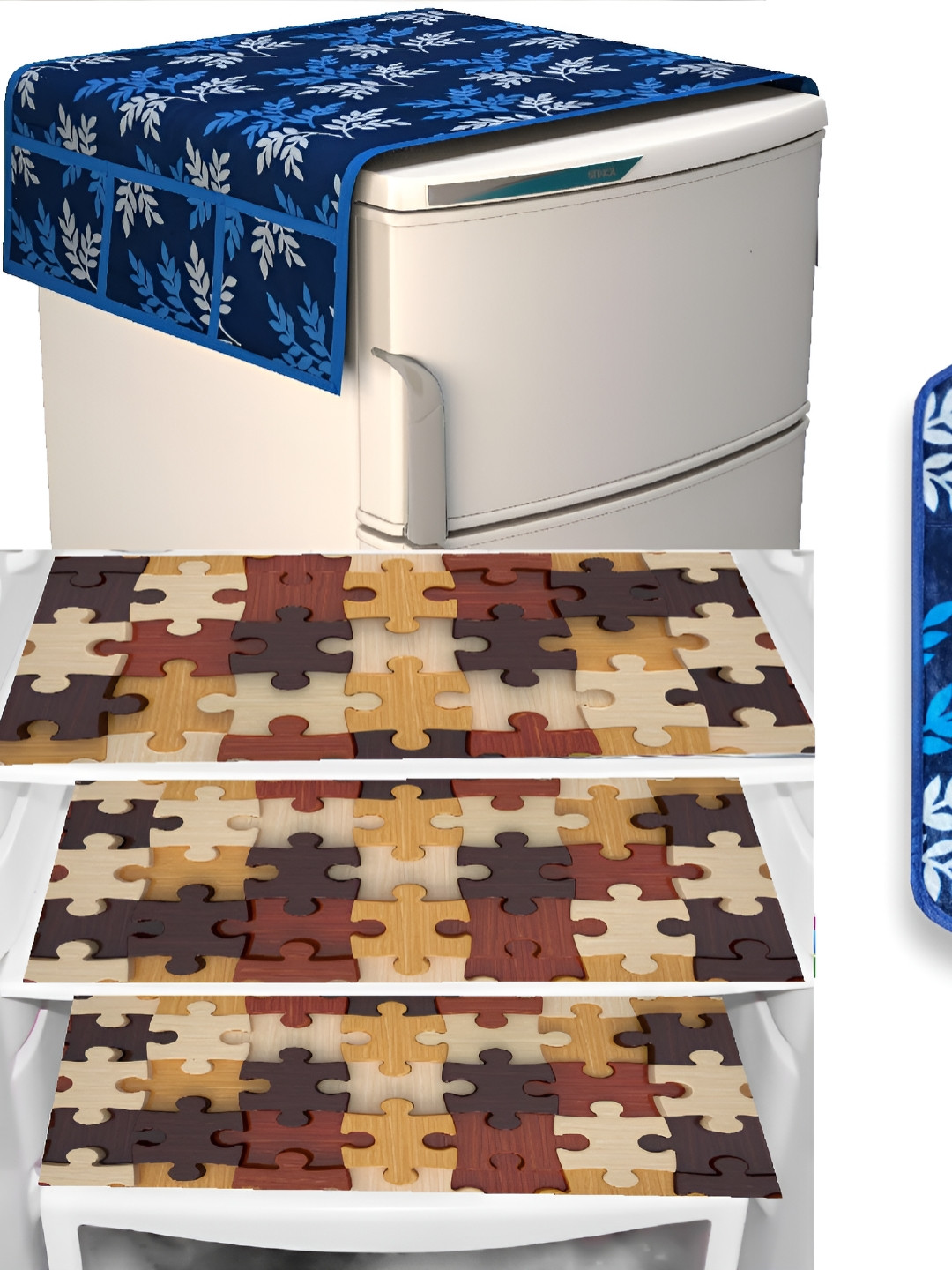 REVEXO Brown & Blue 4 Pieces Printed Fridge Mat & Refrigerator Cover