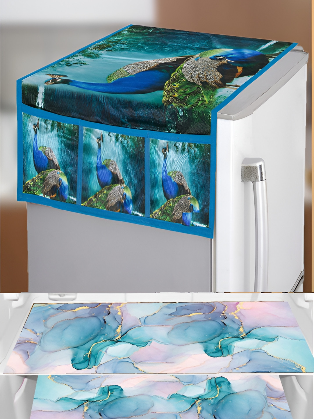 REVEXO Blue 4 Pieces Printed Refrigerator Cover & Fridge Mat