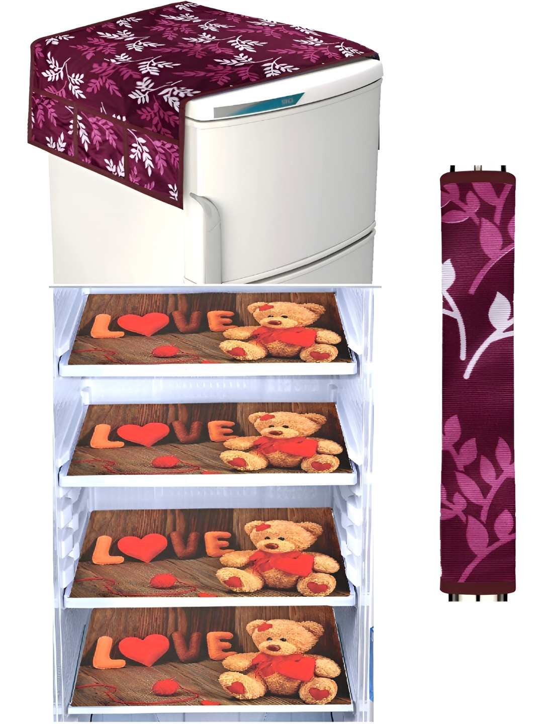 REVEXO 5 Pieces Purple & Red Printed Fridge Appliance Cover