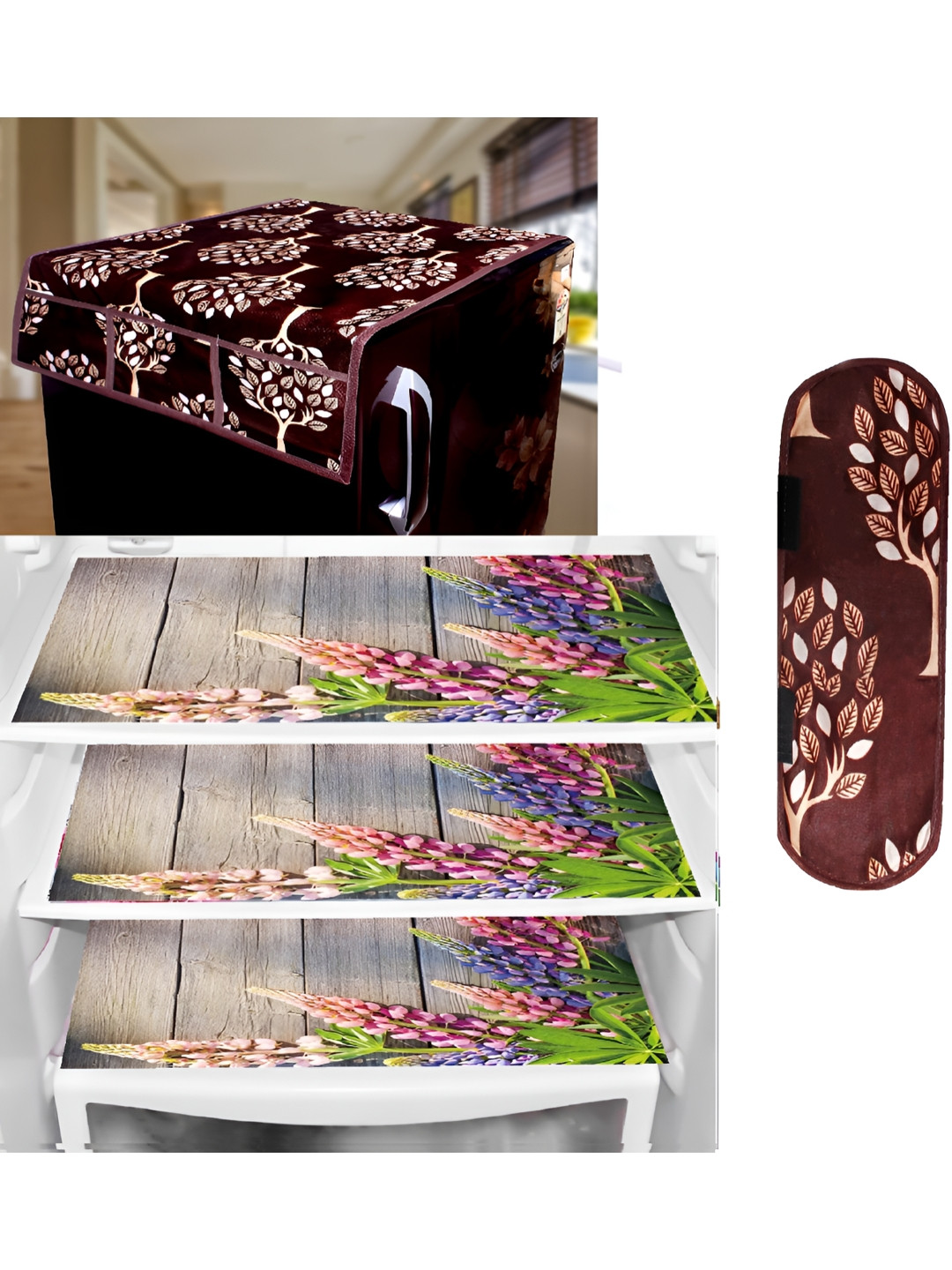 REVEXO Brown & Green 5 Pieces Printed Fridge Top Cover & Mats