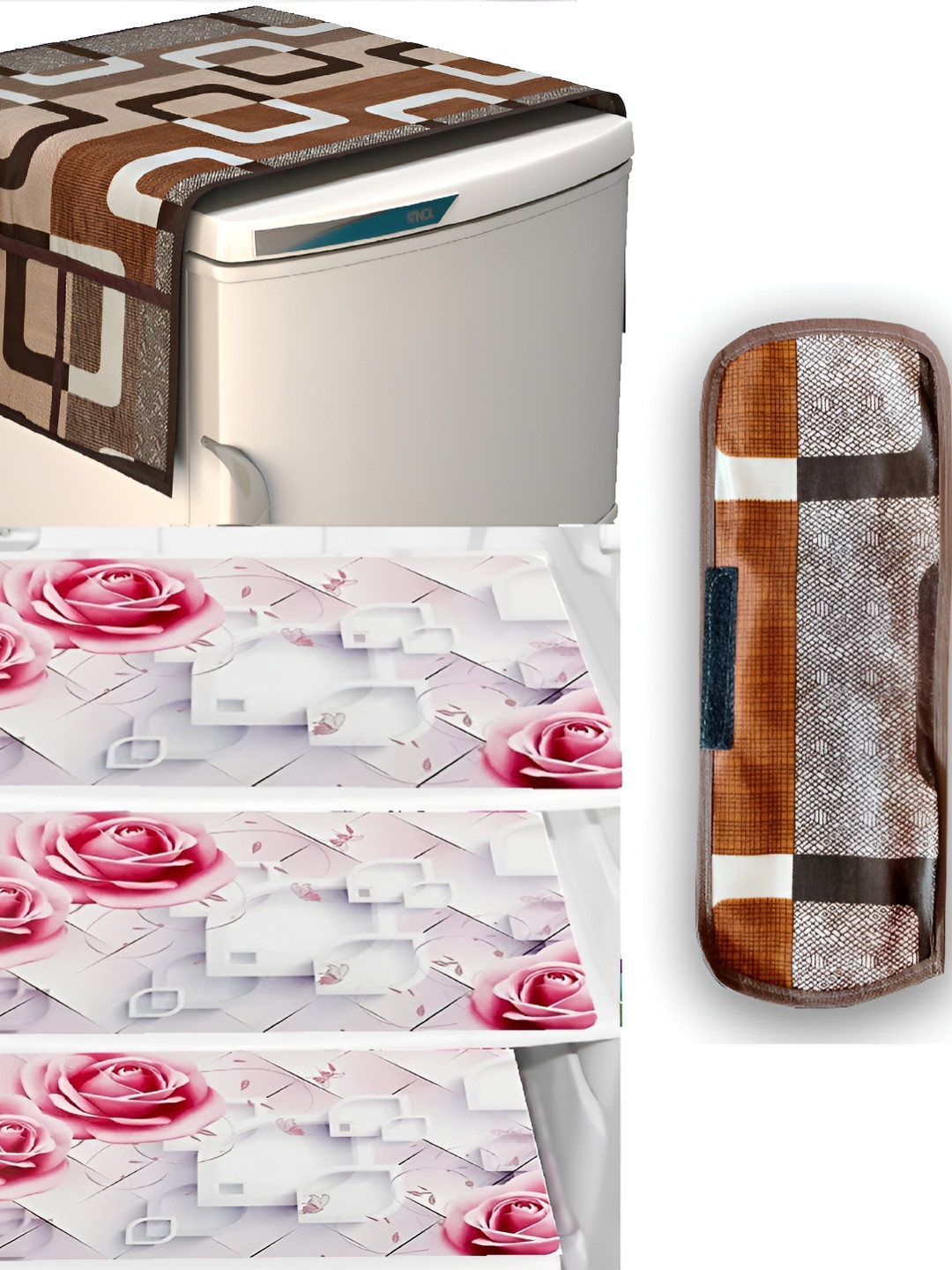 REVEXO Brown & Pink 5 Pieces Printed Fridge Top Cover Handle Covers & Mats