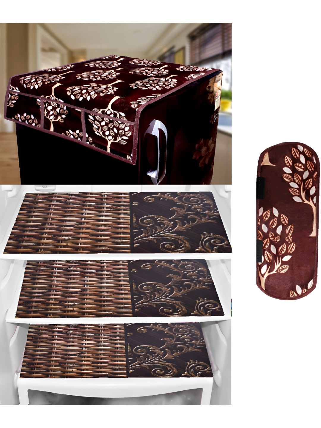 REVEXO Brown 5 Pieces Fridge Mat Fridge Handle & Fridge Cover