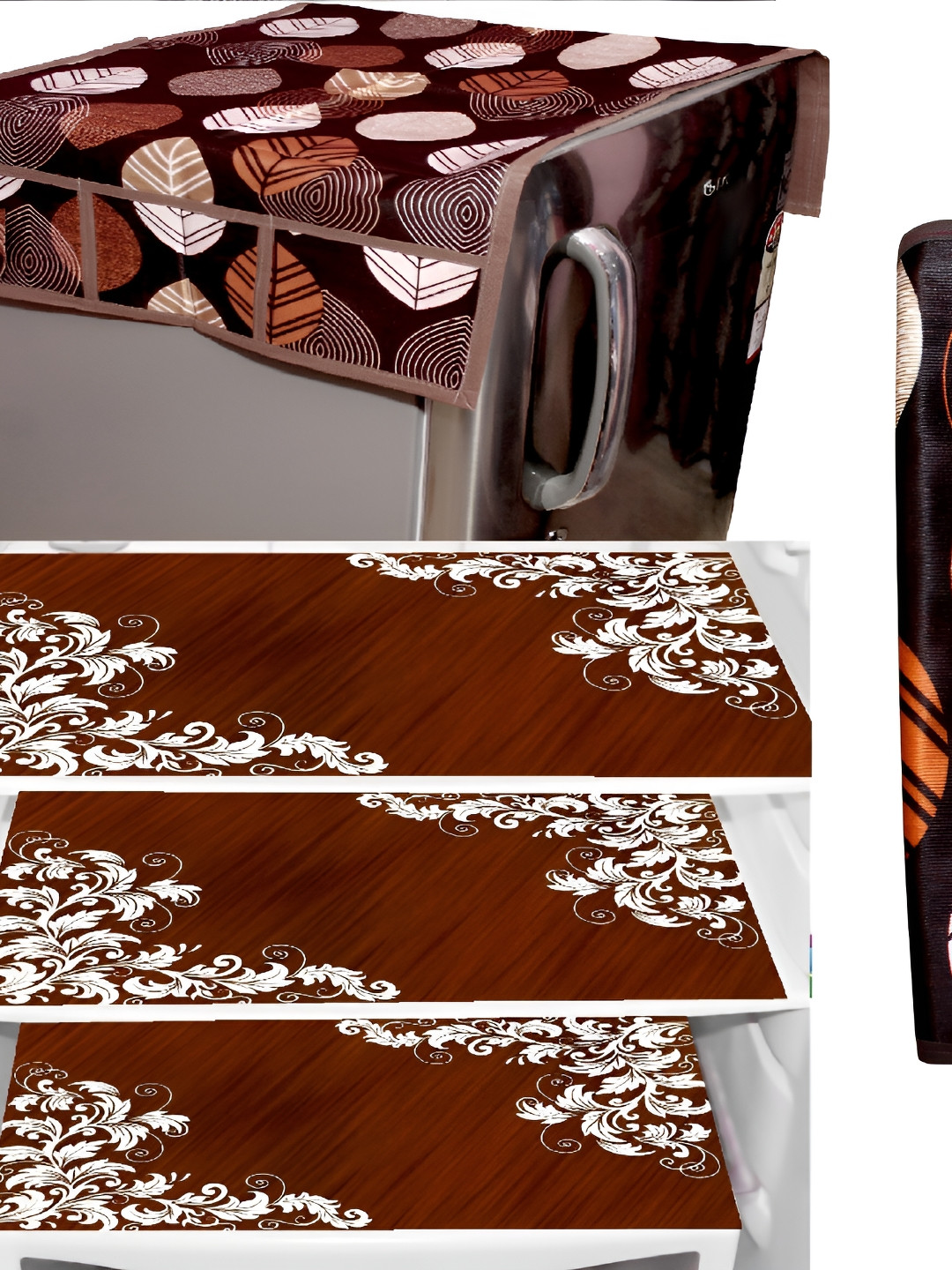 REVEXO 5 Pcs Beige & Maroon Printed Fridge Top Cover Handle Covers & Mats