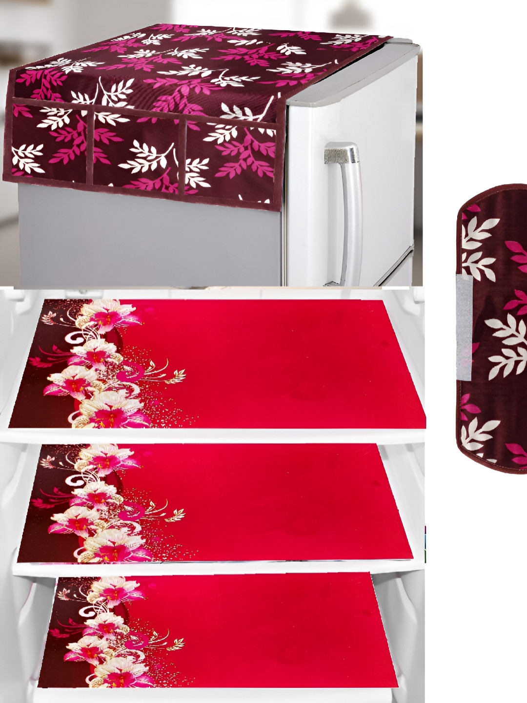 REVEXO Burgundy & Red 5 Pieces Printed Fridge Top Cover Handle Covers & Mats