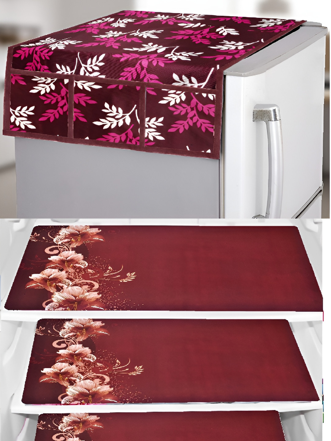 REVEXO 5 Pieces Maroon & Burgundy Printed Fridge Top Cover Handle Covers & Mats