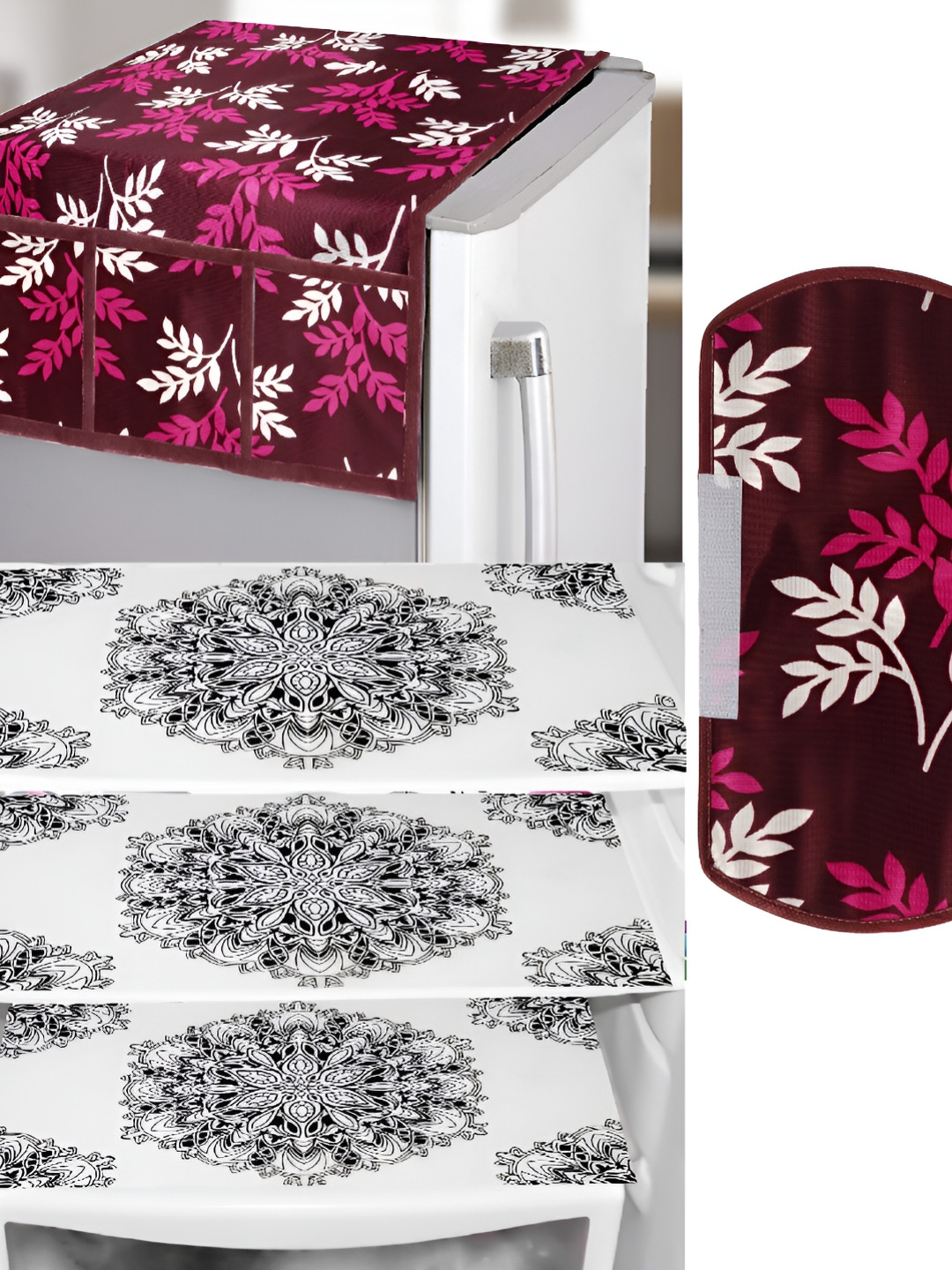 REVEXO White & Burgundy Printed Fridge covers