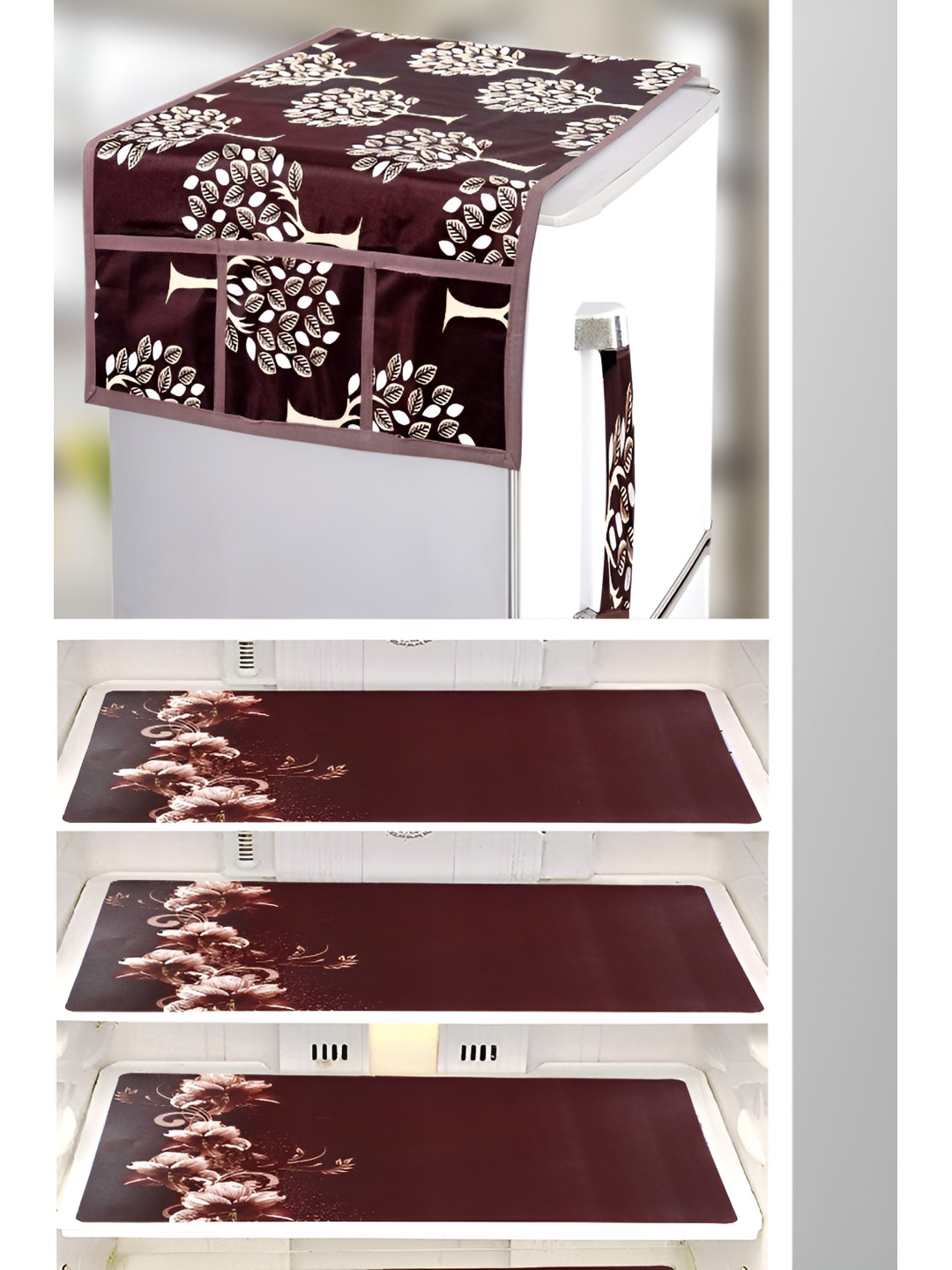 REVEXO Brown & White 5Pcs Printed Fridge Top Cover Handle Covers & Mats