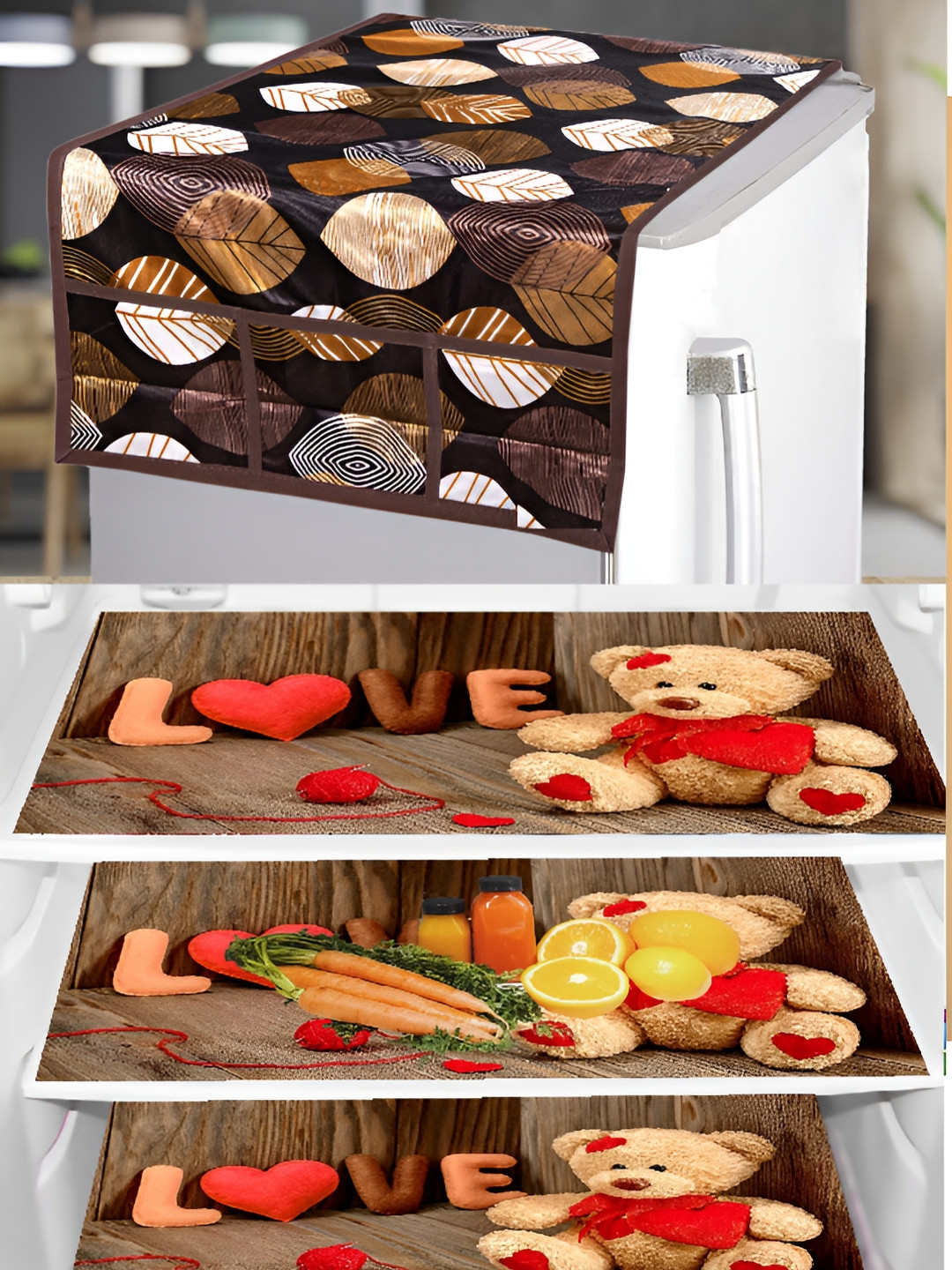 REVEXO Brown & Gold Toned 4 Pieces Printed Fridge Appliance Covers