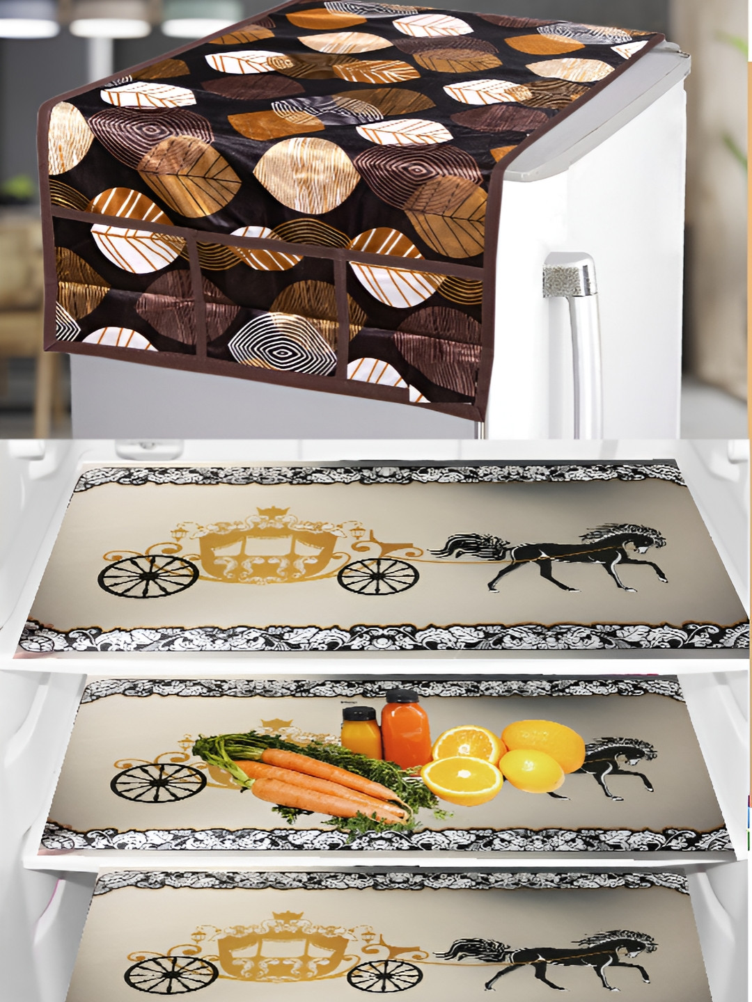 REVEXO Brown & Gold Toned 4 Pieces Printed Fridge Appliance Covers