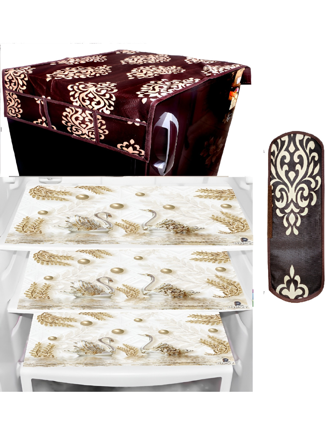 REVEXO Brown & White 5 Pieces Printed Refrigerator Cover