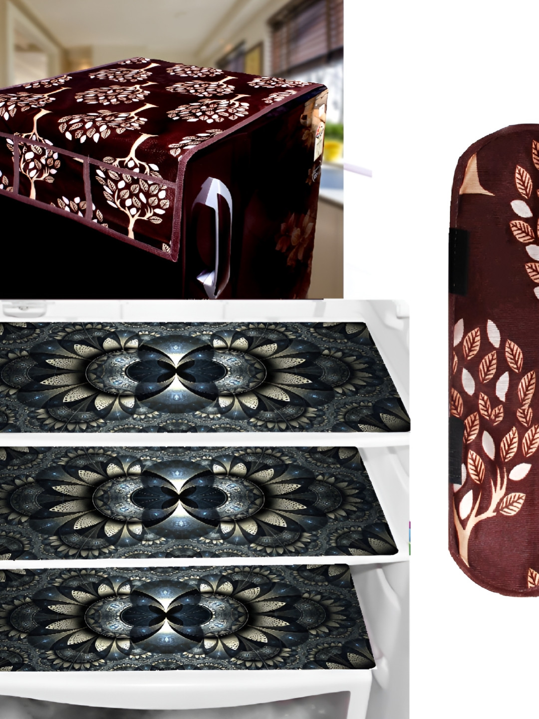 REVEXO Brown 5 Pieces Printed Refrigerator Cover & Mats