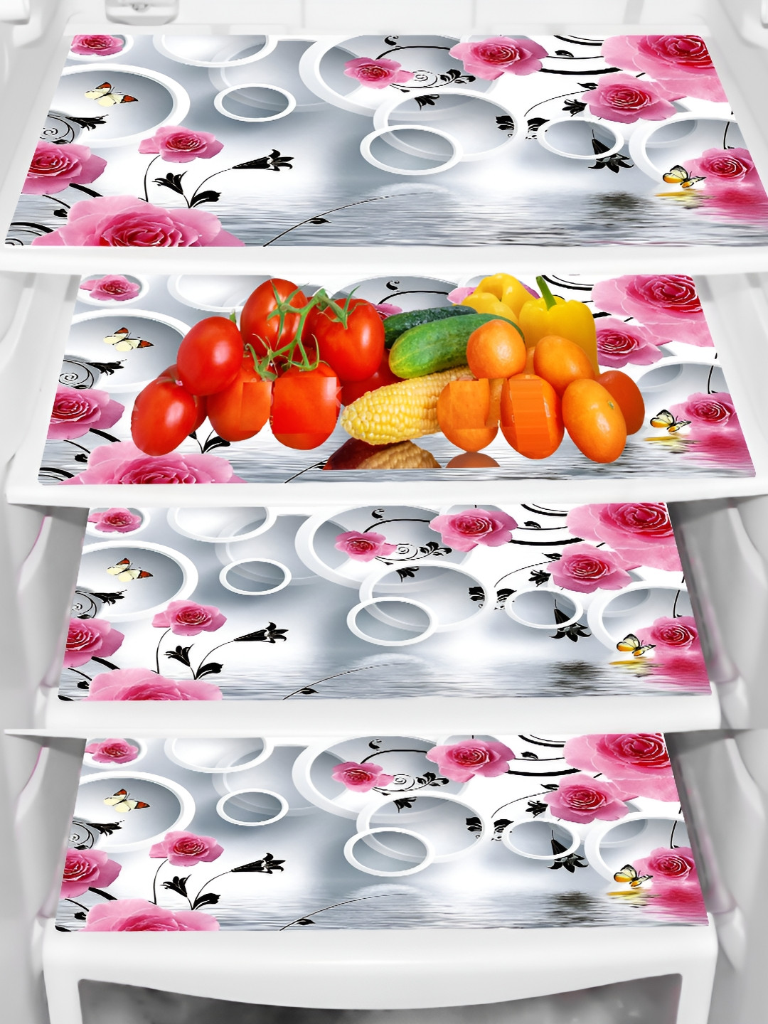 REVEXO Pink & Transparent 4 Pcs Printed Water Resistant Shelf Liner Fridge Mats