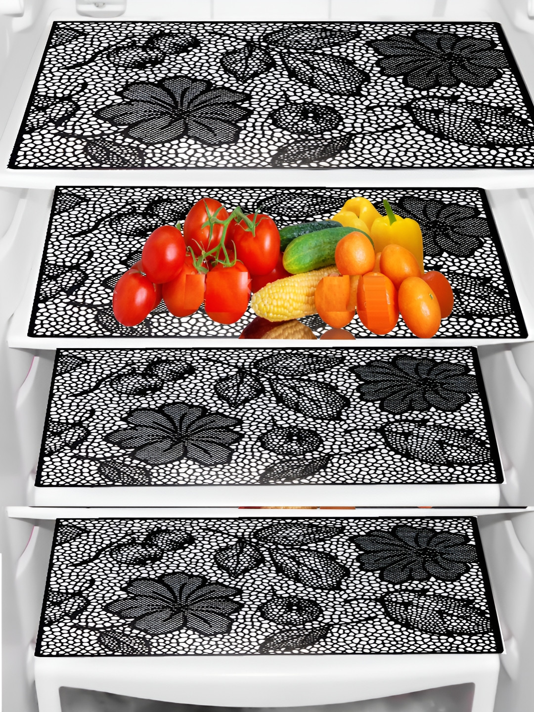 REVEXO Black & Transparent 4 Pcs Printed Water Resistant Shelf Liner Fridge Mat