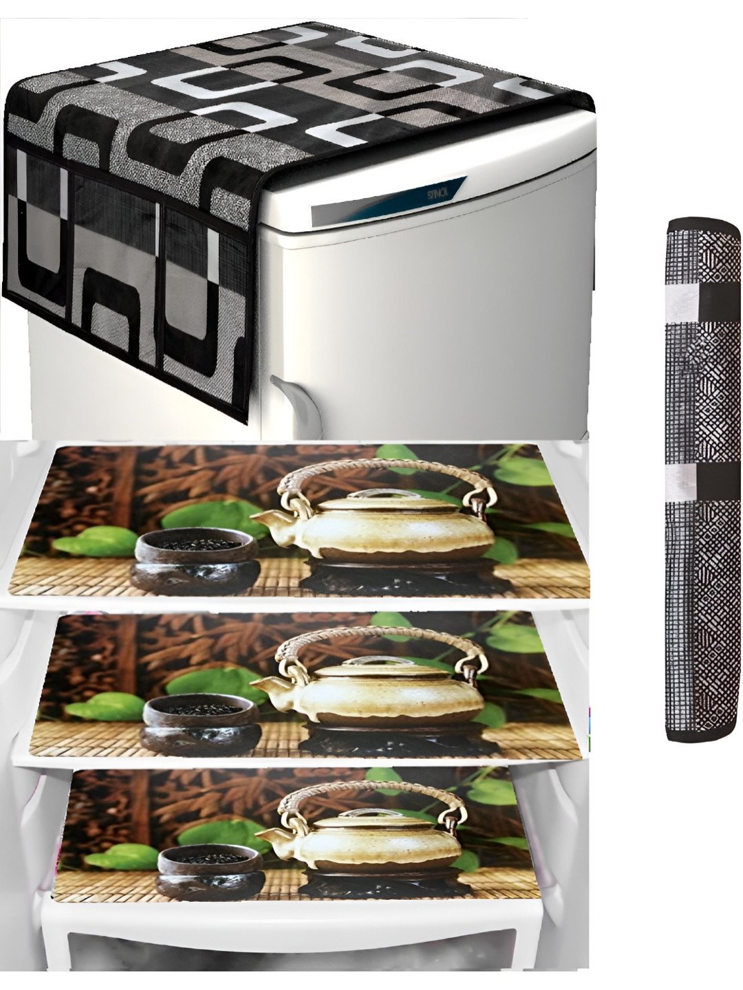 REVEXO Black & Brown 7 Pieces Fridge Mat Fridge Handle & Fridge Cover