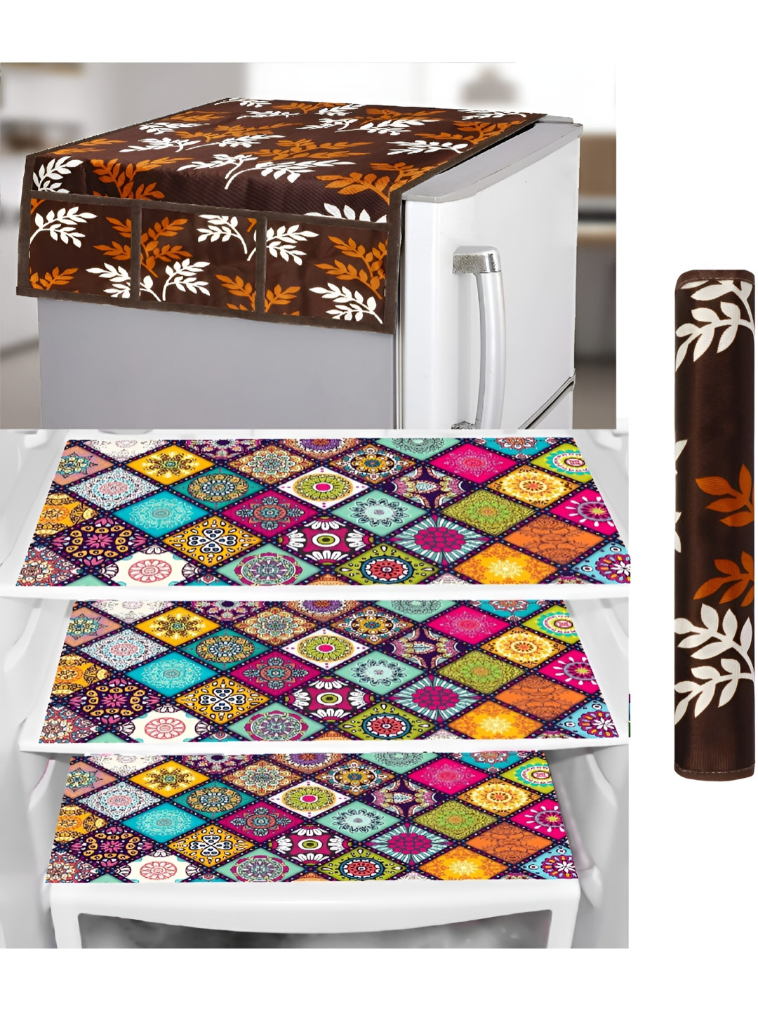 REVEXO Brown & Blue 7 Pieces Fridge Mat Fridge Handle & Fridge Cover