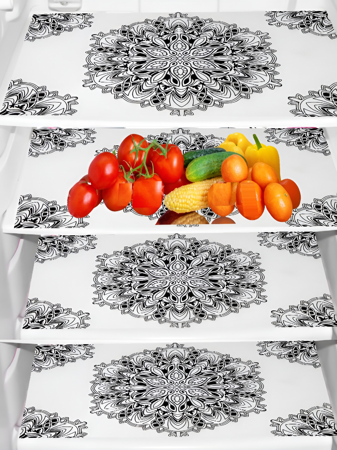 REVEXO Transparent & Black 4 Pcs Printed Water Resistant Shelf Liner Fridge Mat