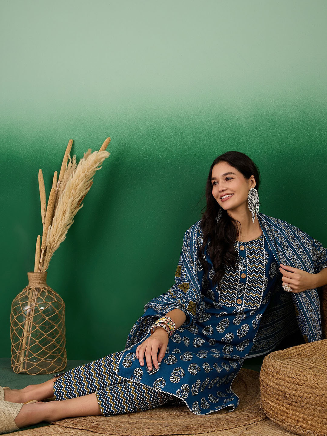 Sangria X fwd Ethnic Motifs Printed Pure Cotton Straight Kurta With Trousers & Dupatta