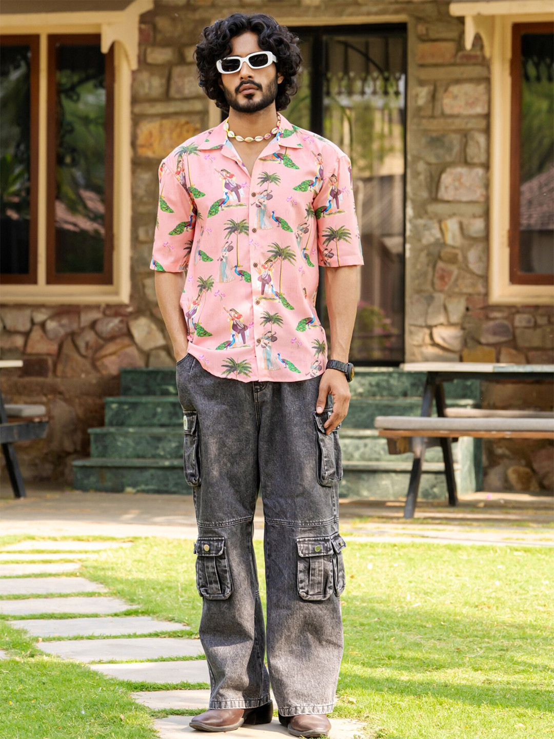 Firangi Yarn Modern Abstract Printed Spread Collar Long Sleeves Oversized Casual Shirt