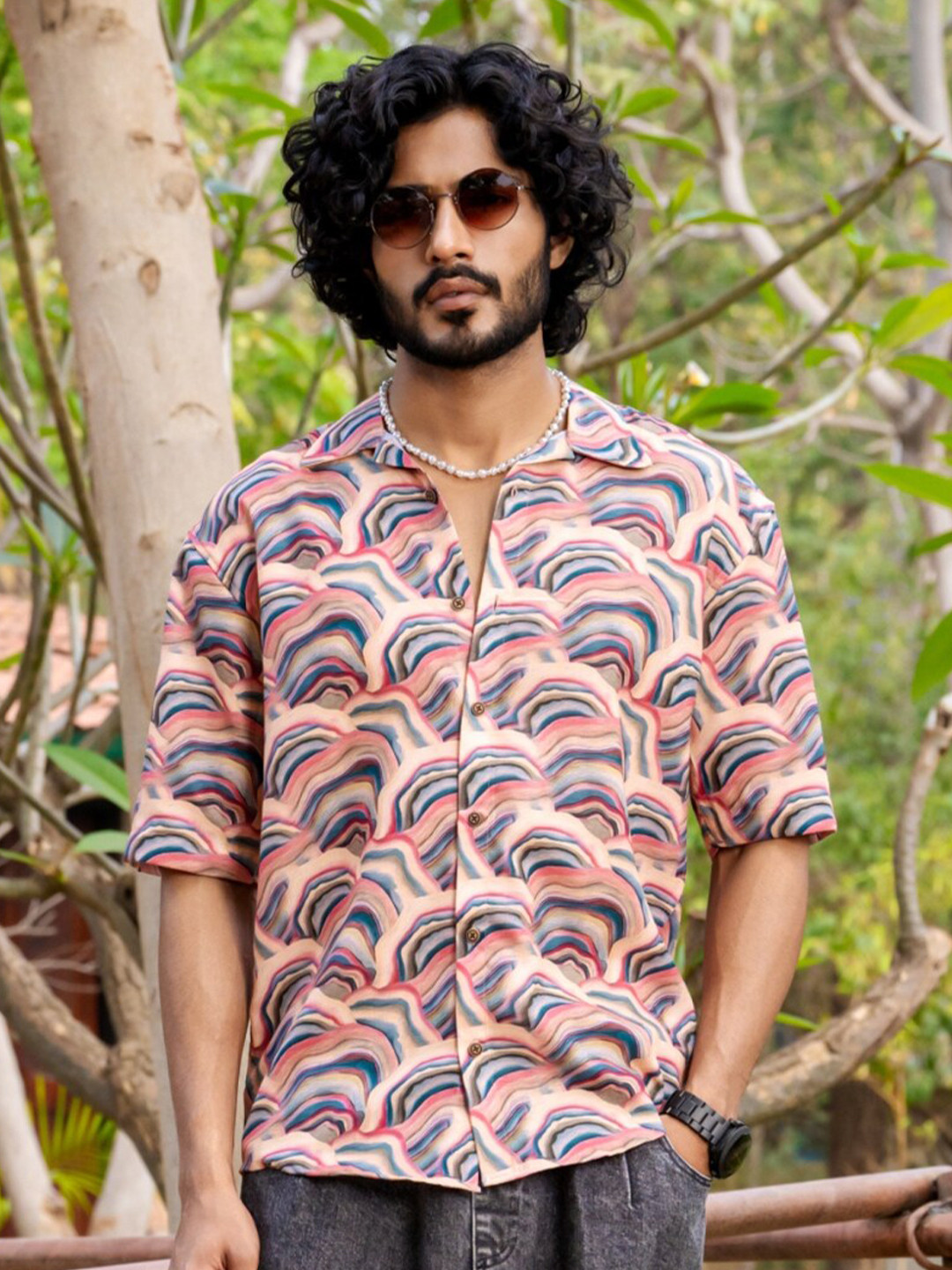 Firangi Yarn Modern Abstract Printed Spread Collar Short Sleeves Oversized Casual Shirt