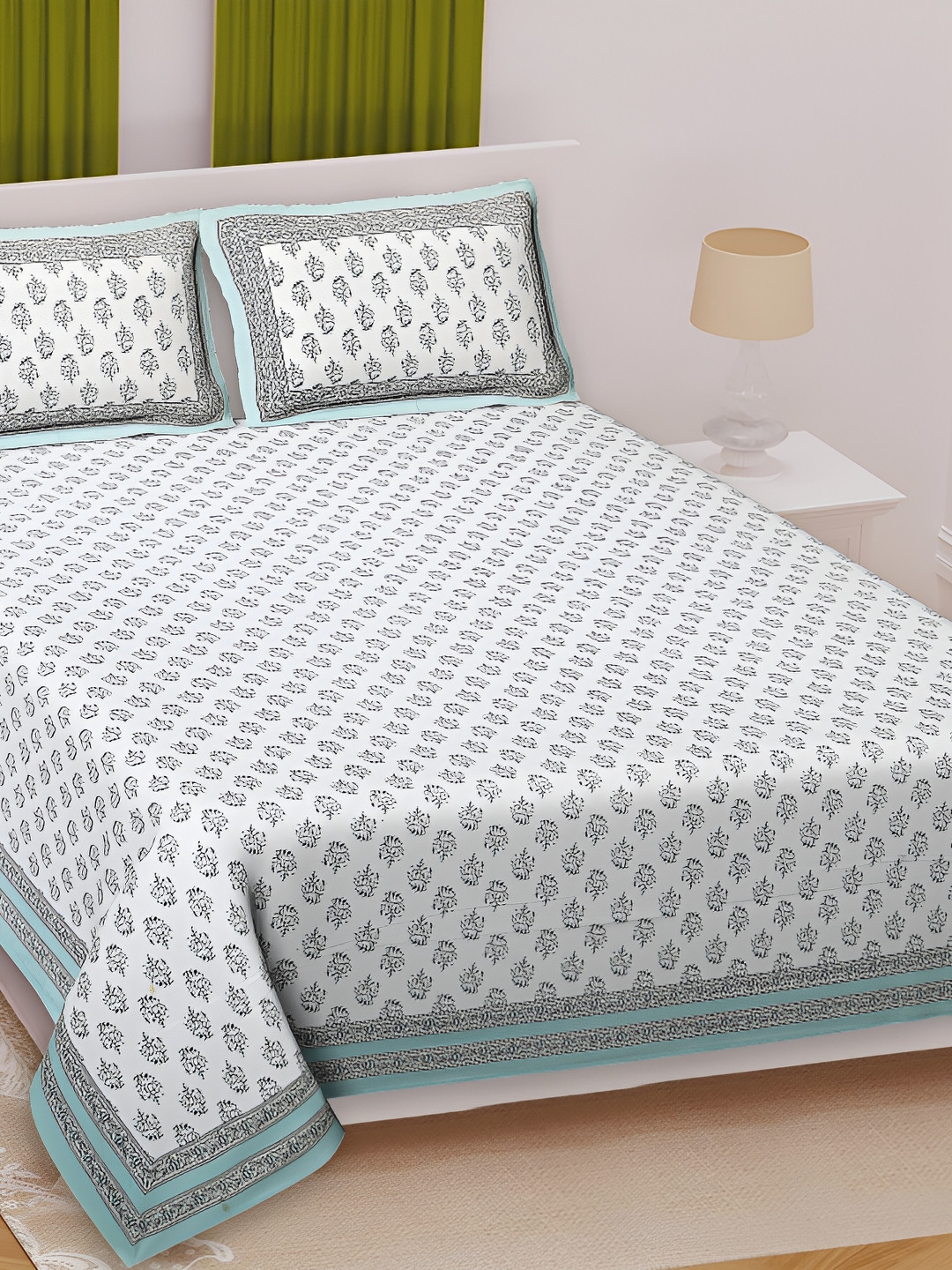 Texstylers Teal Floral Cotton 240 TC Queen Fine Bedsheet with 2 Pillow Covers-90 x 108 inches
