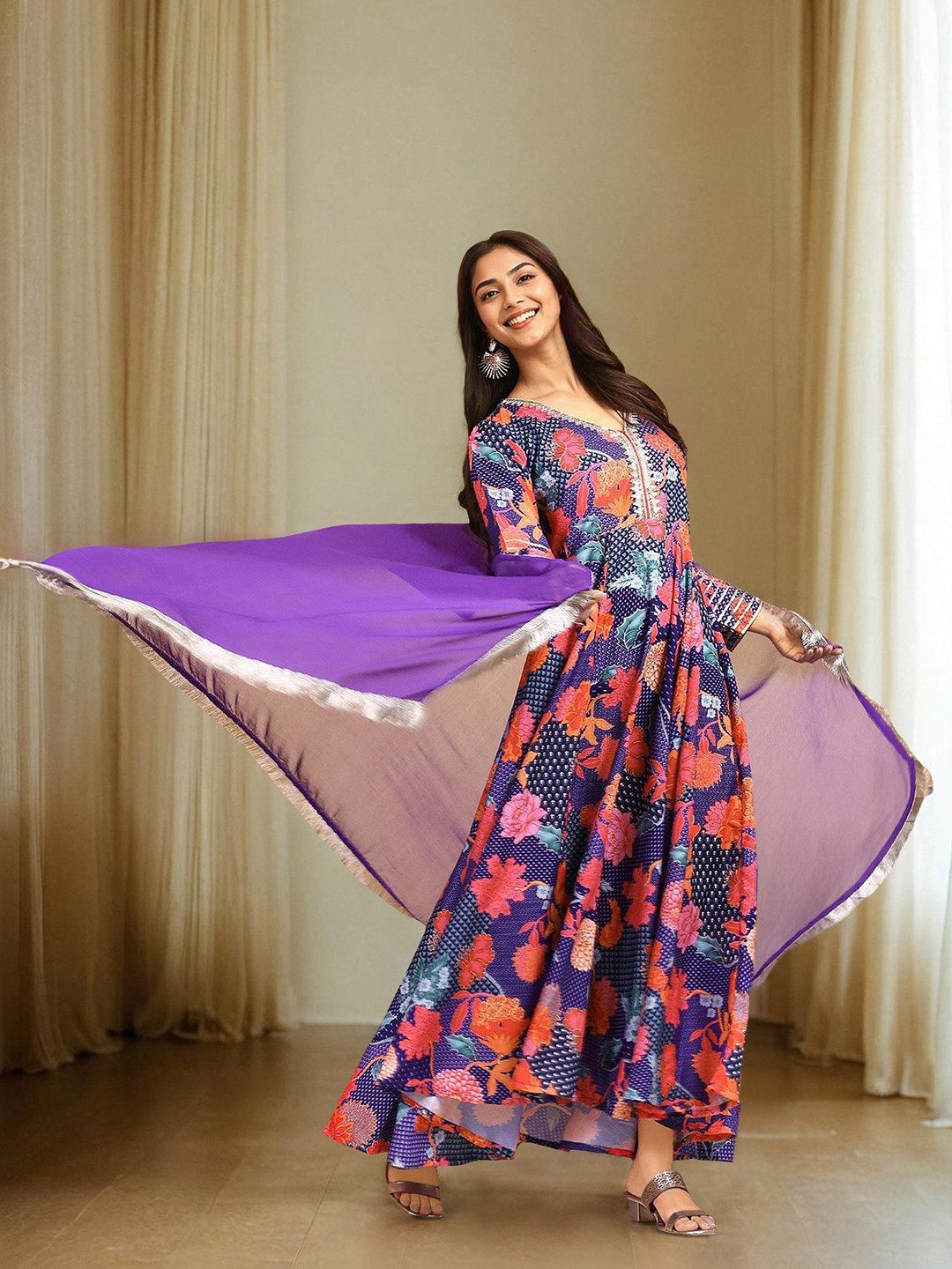 Ishin Floral Print V-Neck Gotta Patti Emebllished A-Line Kurta with Dupatta