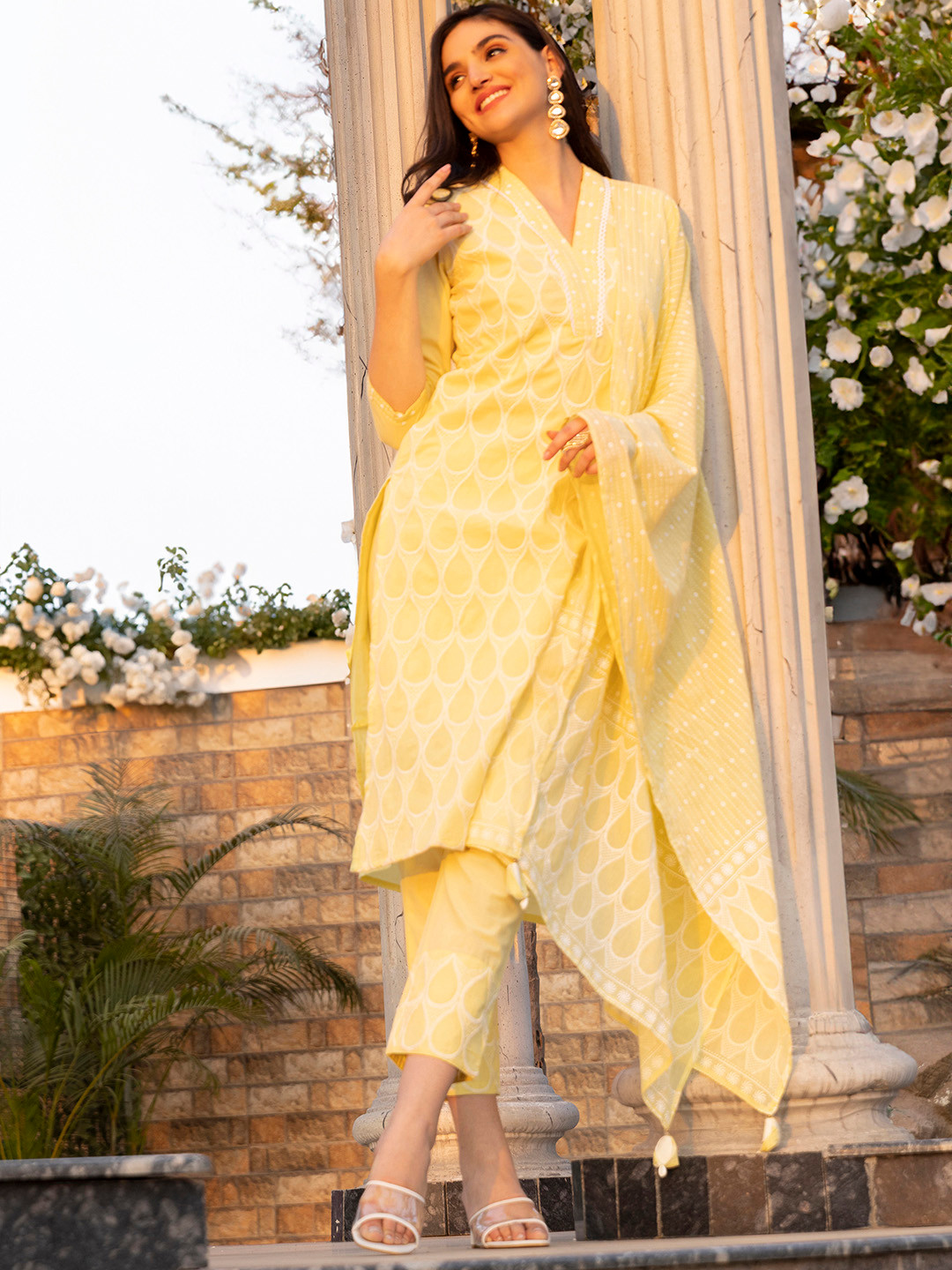Ishin Yellow Geometric Embroidered V-Neck Calf Length Pure Cotton Straight Kurta Set