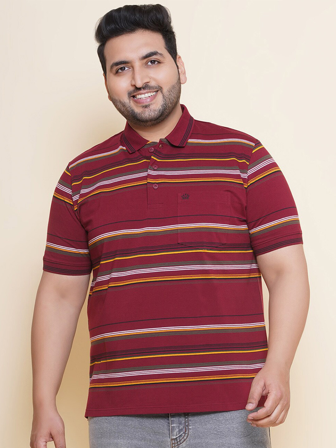 John Pride Striped Polo Collar Plus Size T-shirt