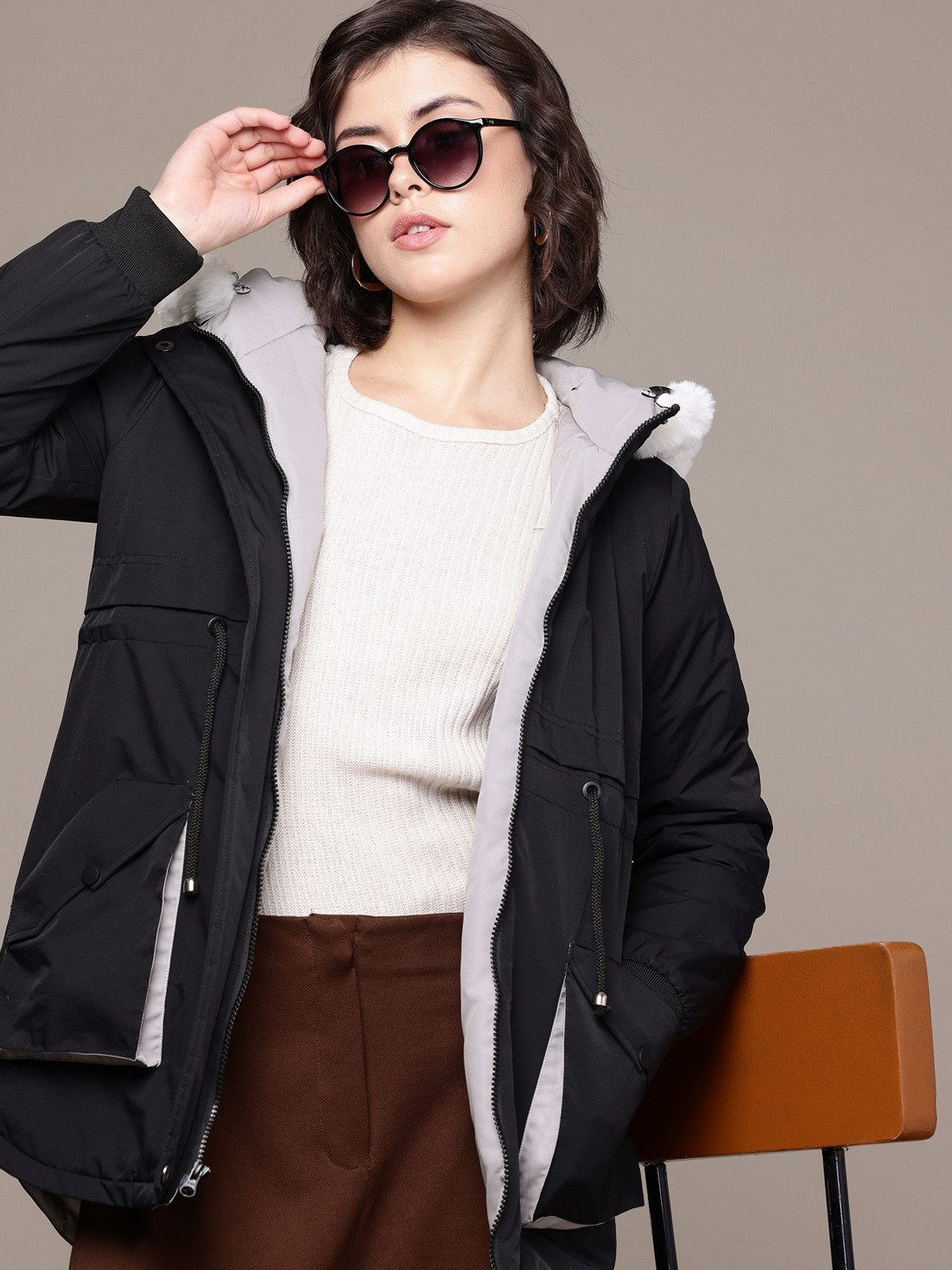 French Connection Detachable Faux Fur Trip Hooded Padded Jacket