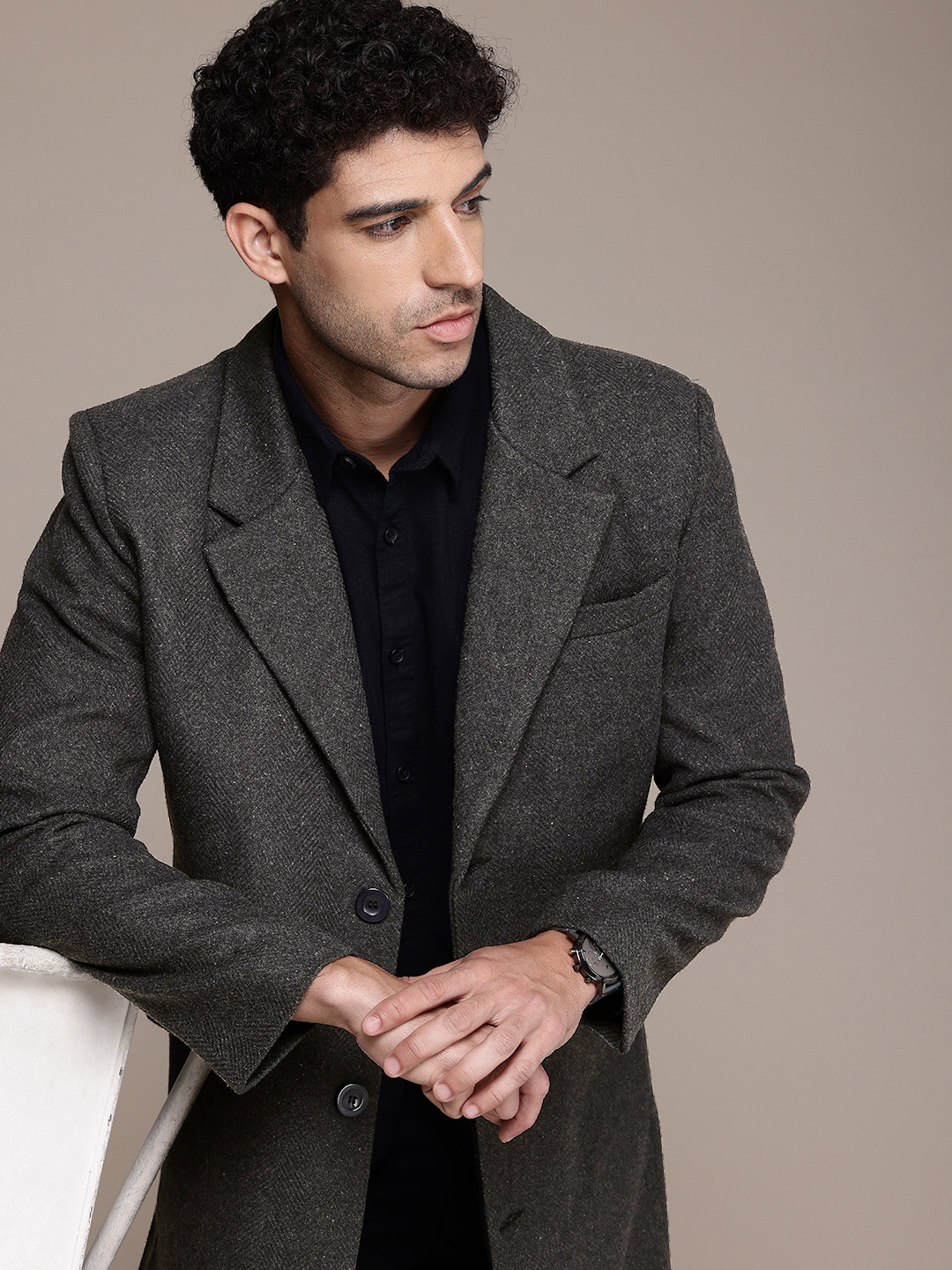 French Connection Single-Breasted Notched Lapel Collar Overcoat