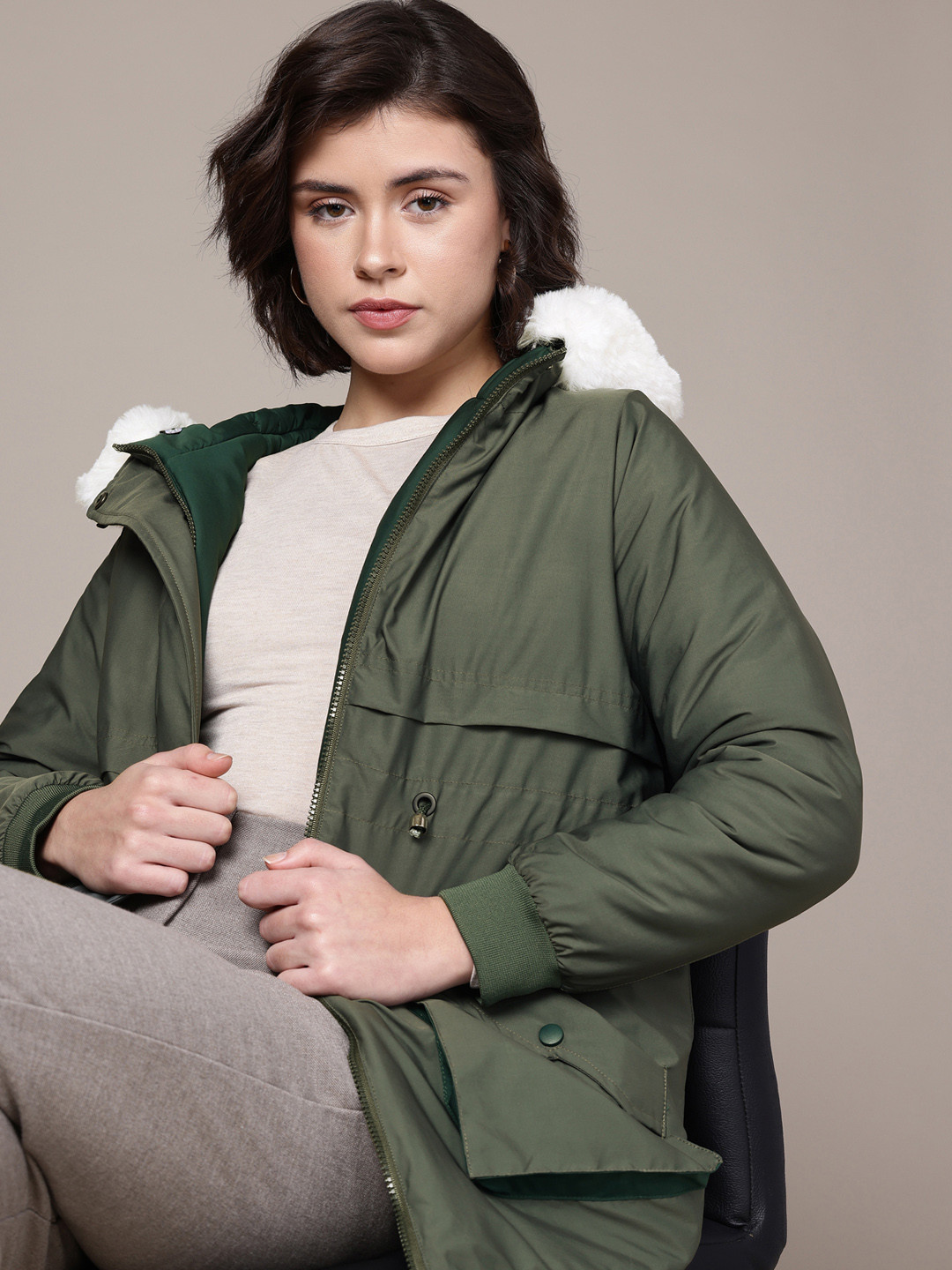 French Connection Detachable Faux Fur Trip Hooded Padded Jacket